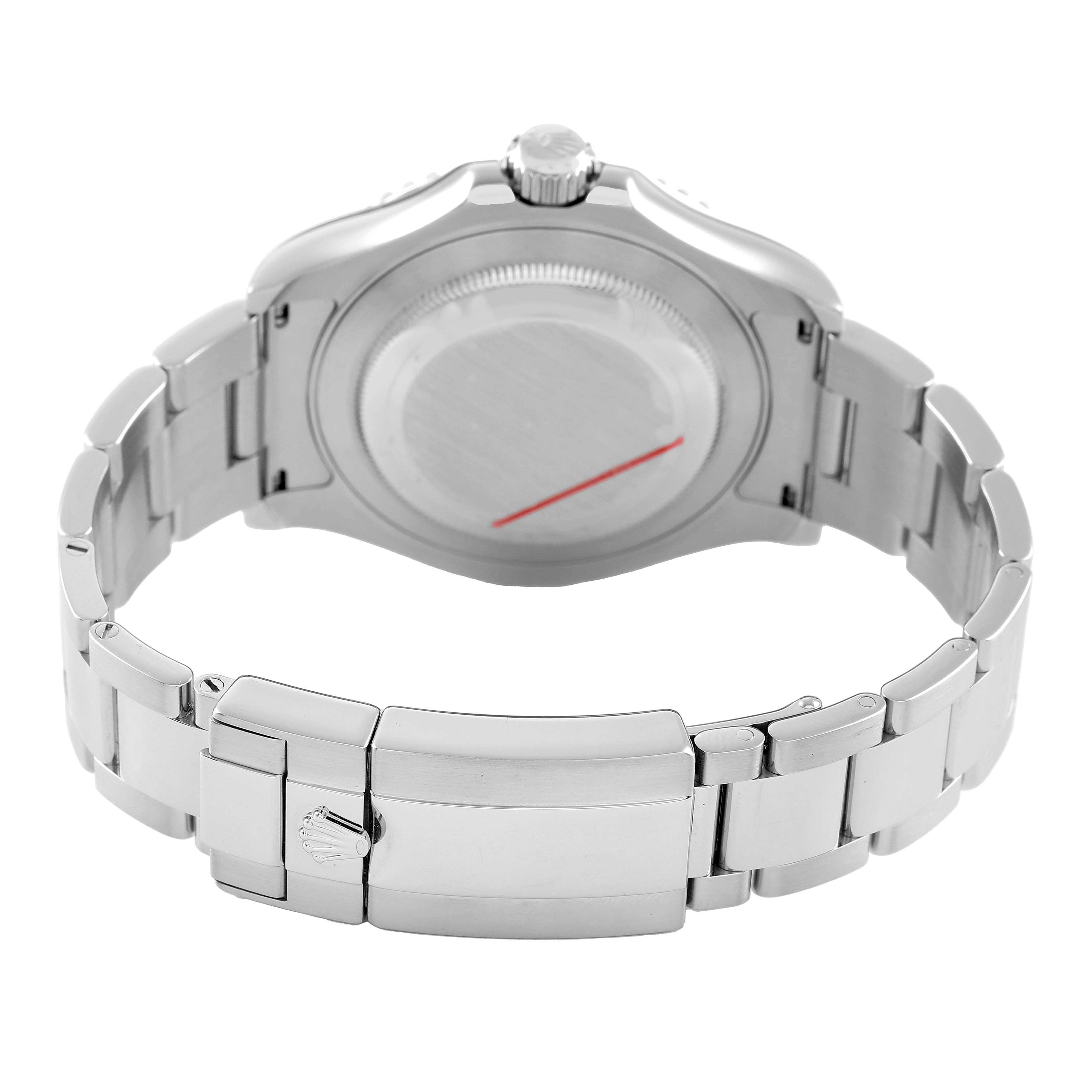 The Rolex Yacht-Master 116622 Men's Stainless Steel Blue Dial watch is shown from the back, highlighting the case back, bracelet, and clasp.