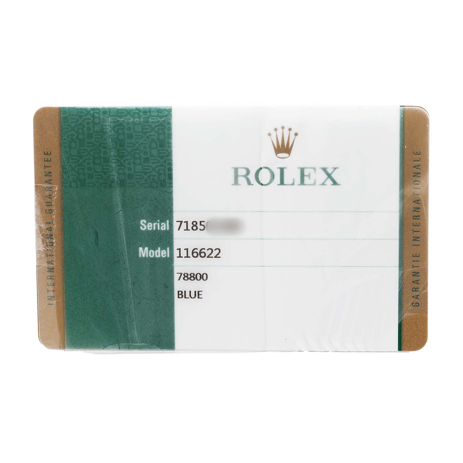 The image shows a Rolex warranty card for the Yacht-Master model with model and serial information clearly displayed.