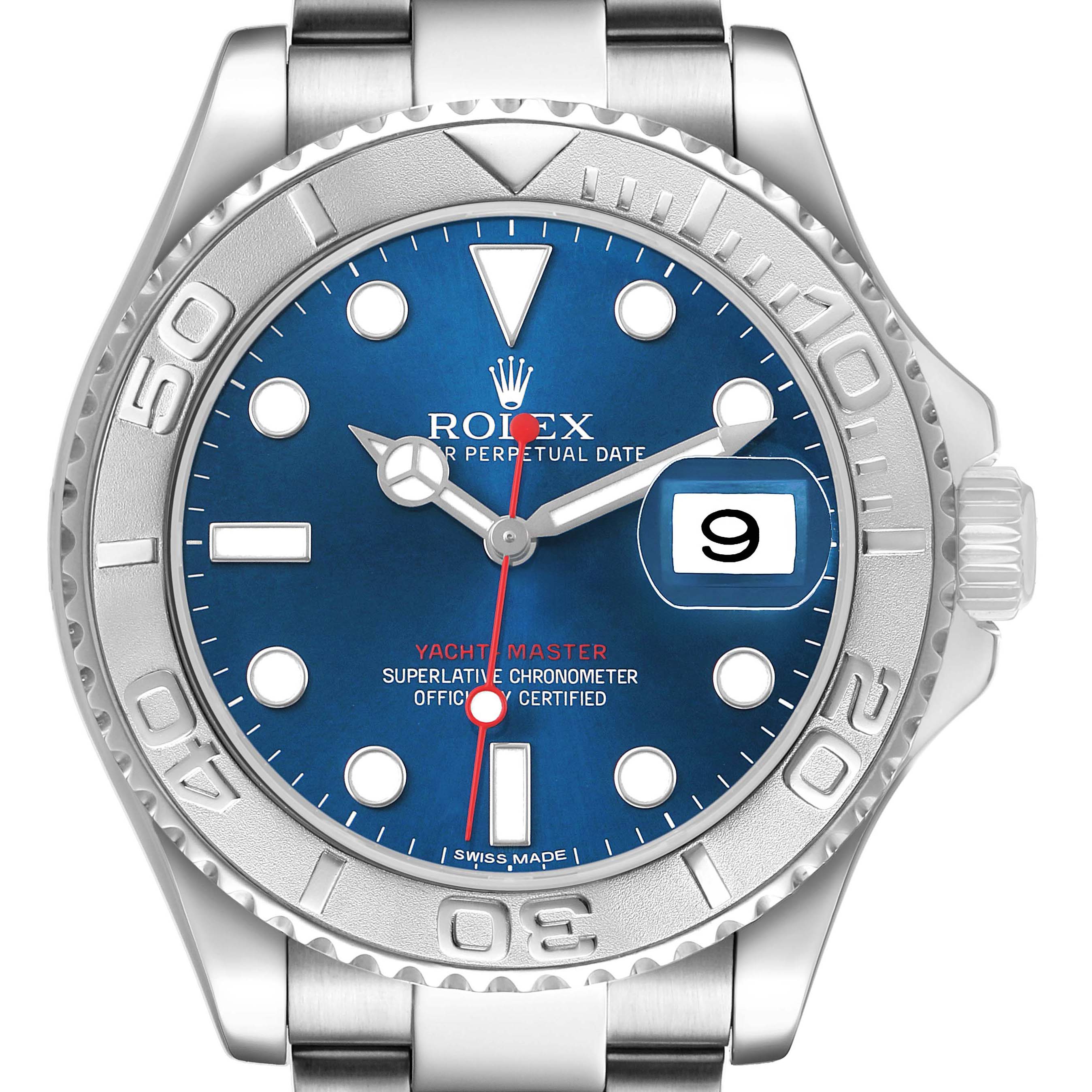 The Rolex Yacht-Master 116622 Men's Stainless Steel Blue Dial watch is shown from a front angle, displaying the dial, bezel, crown, and a portion of the bracelet.