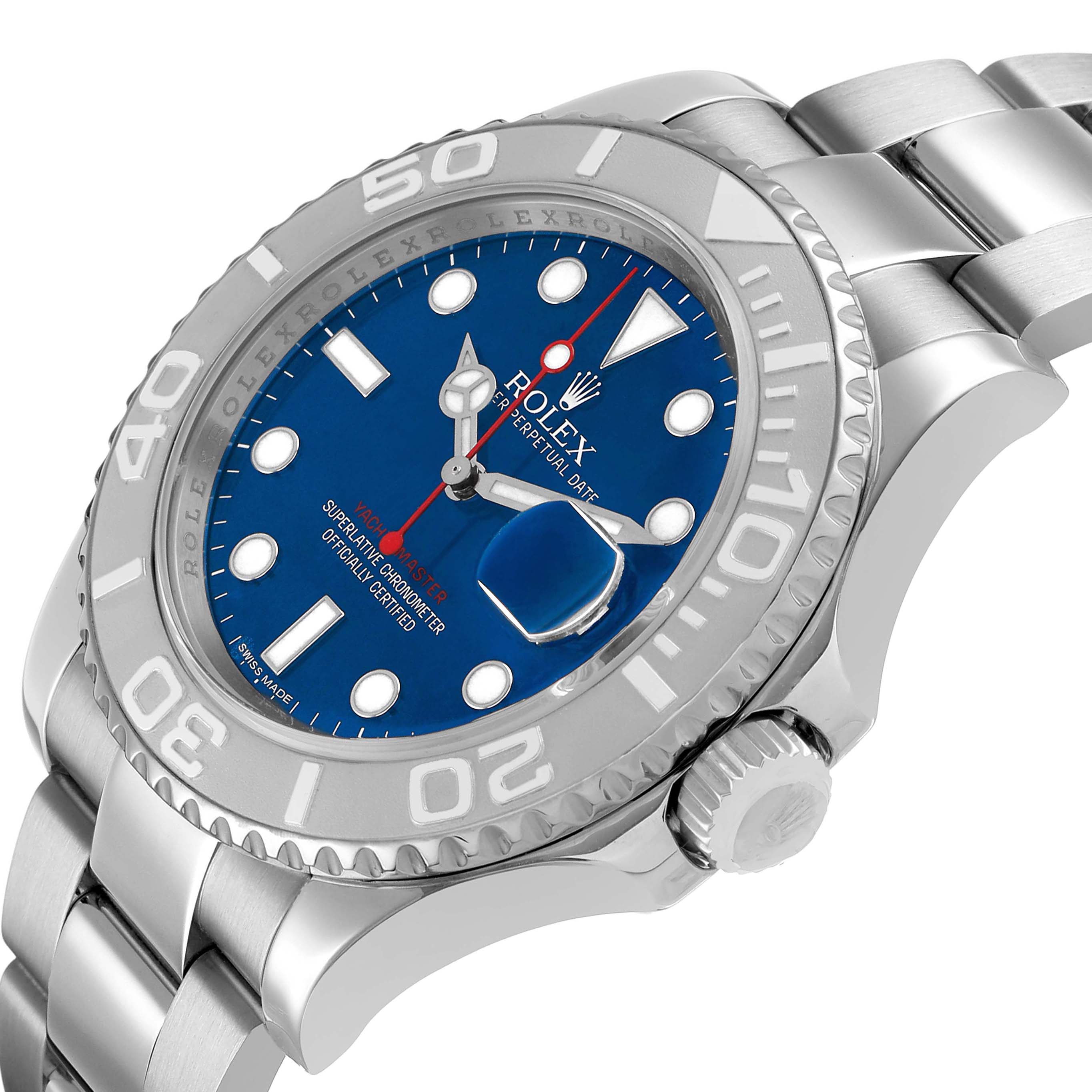 The image shows a Rolex Yacht-Master 116622 Men's Stainless Steel Blue Dial watch from an angled side view, highlighting the bezel, crown, bracelet, and a portion of the blue dial.