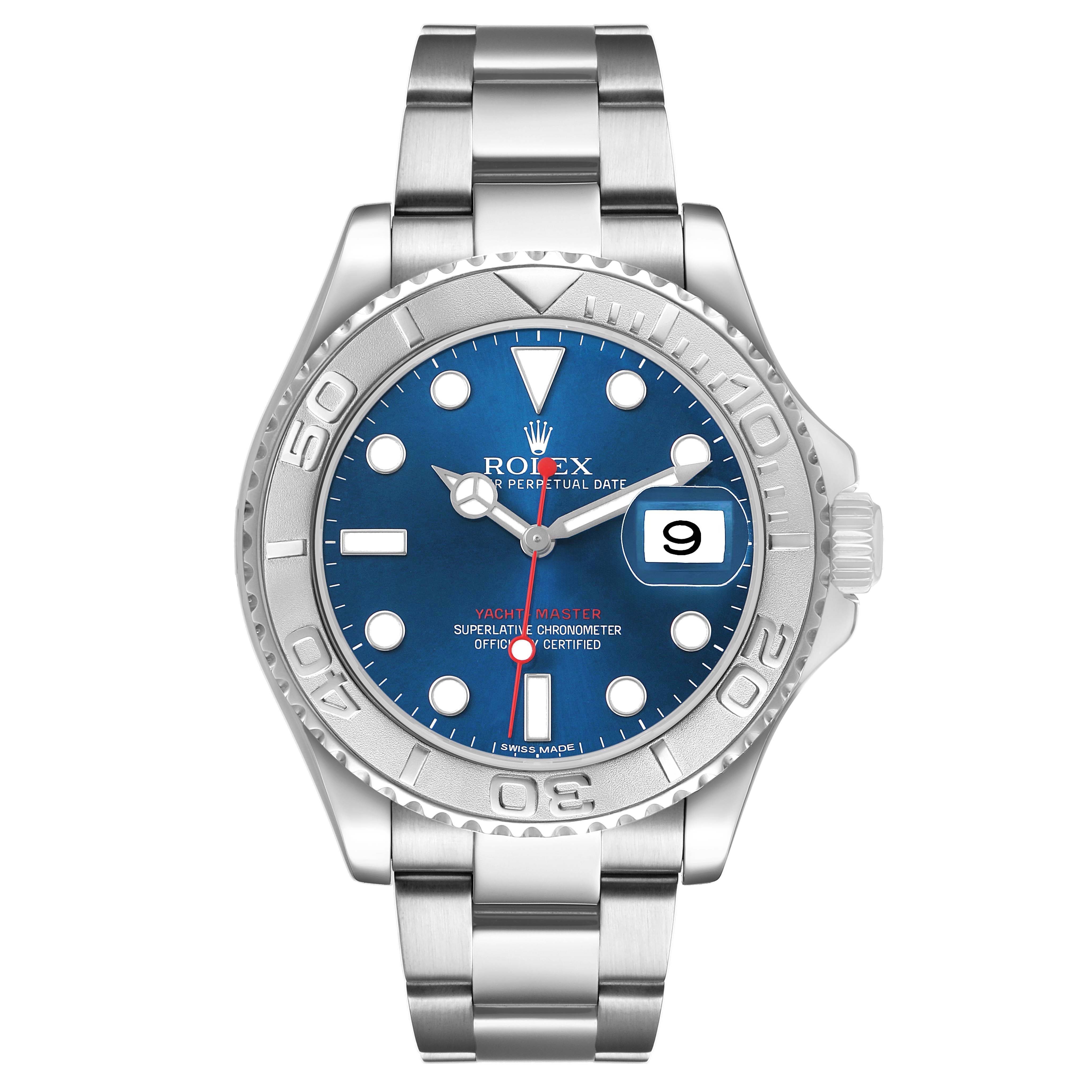 The image shows a front view of a Rolex Yacht-Master 116622 Men's Stainless Steel Blue Dial watch featuring a blue dial, silver bezel, and metal bracelet.