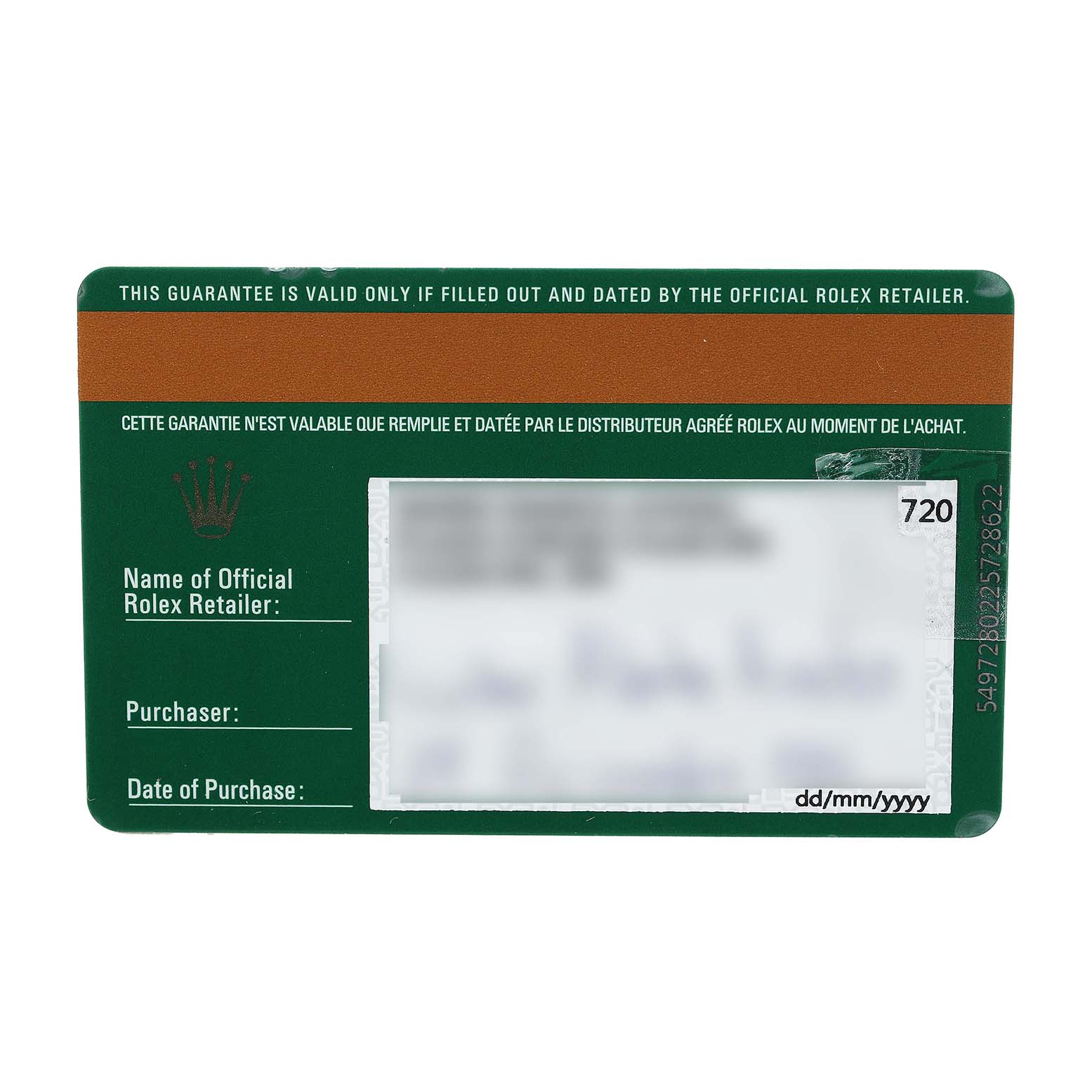 This is a warranty card for a Rolex Yacht-Master 116622 Men's Stainless Steel Blue Dial watch, showing retailer, purchaser, and date fields.