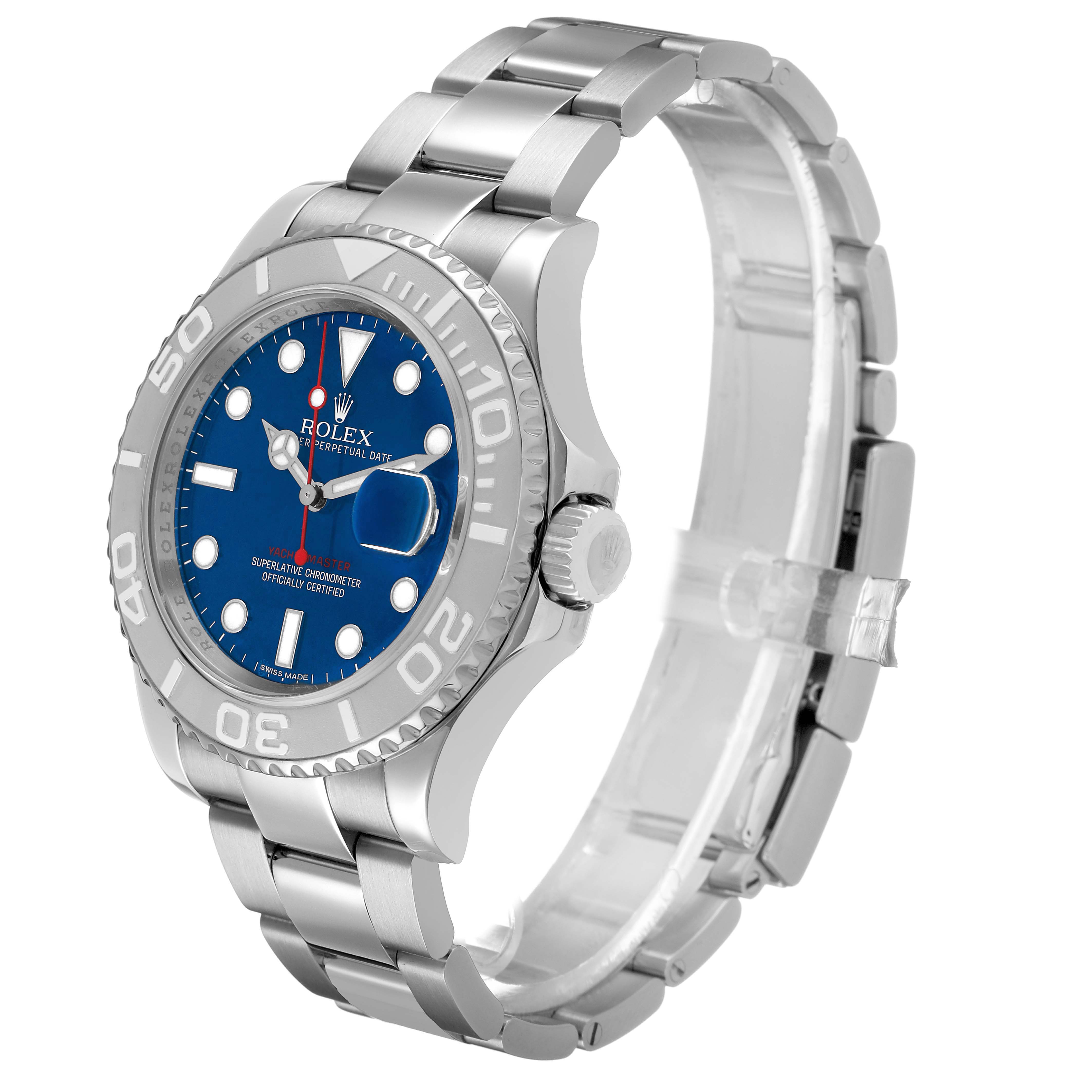 The Rolex Yacht-Master 116622 Men's Stainless Steel Blue Dial watch is shown at a three-quarter angle, displaying the face, bezel, case, and part of the bracelet.