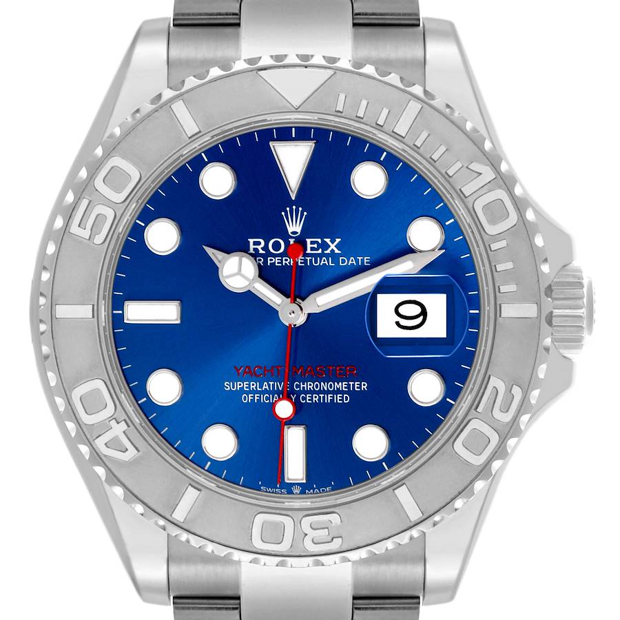 The Rolex Yacht-Master watch is shown from a front angle, highlighting the bezel, dial, and date function.