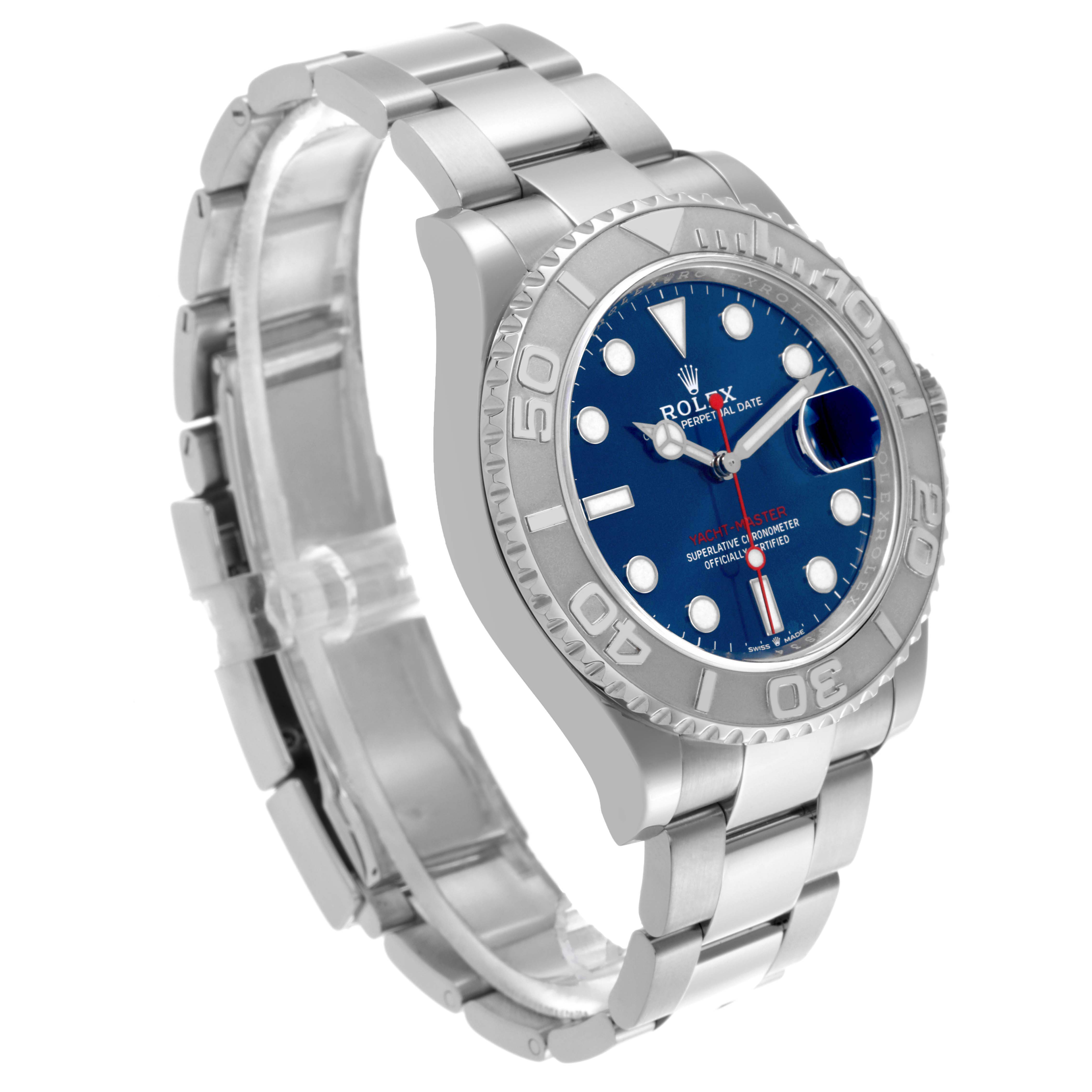 The image shows the Rolex Yacht-Master, model 126622, at a three-quarter angle, highlighting the bezel, blue dial, and bracelet.