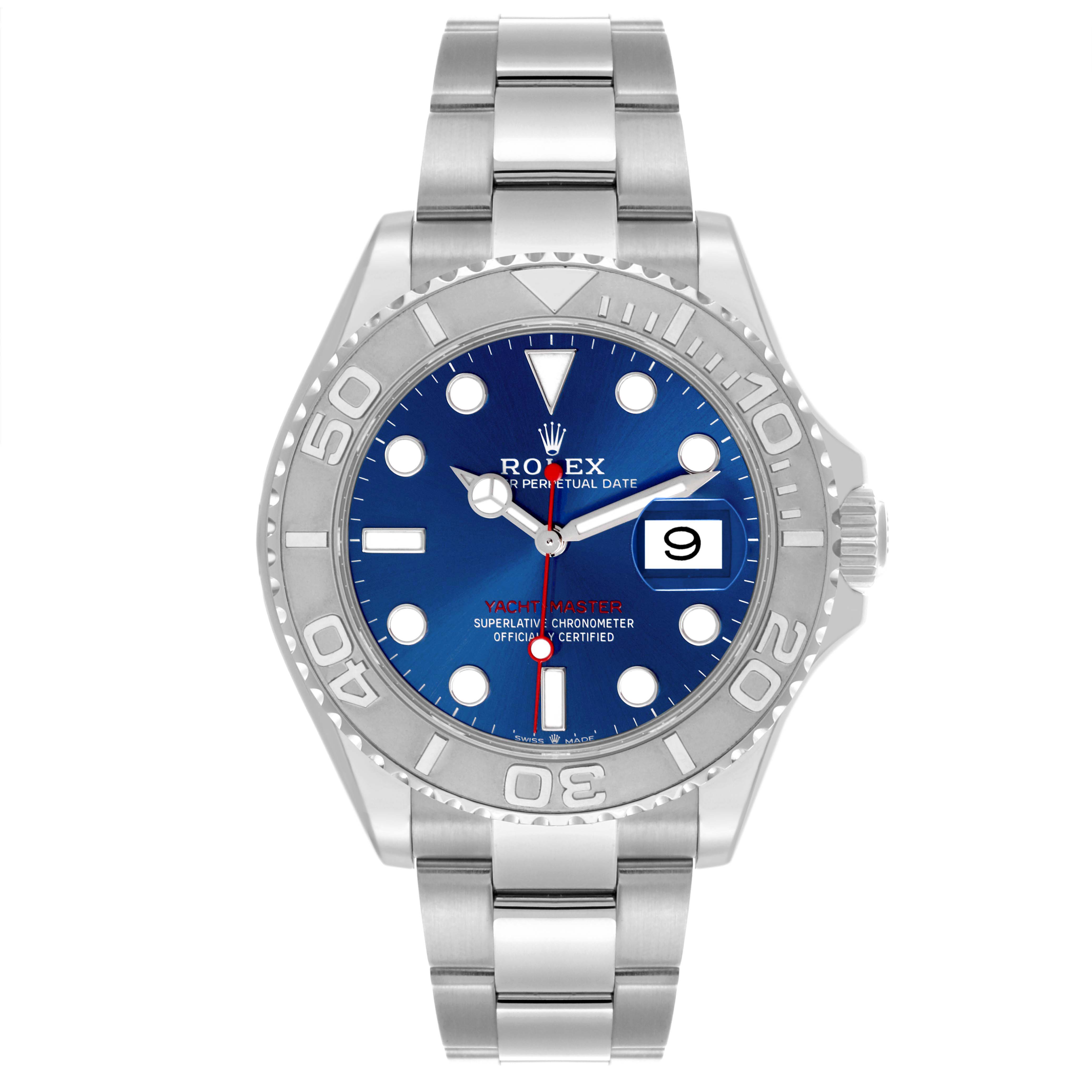 The image shows a frontal view of the Rolex Yacht-Master model 126622 men's watch, displaying the bezel, dial, hands, date window, and bracelet.