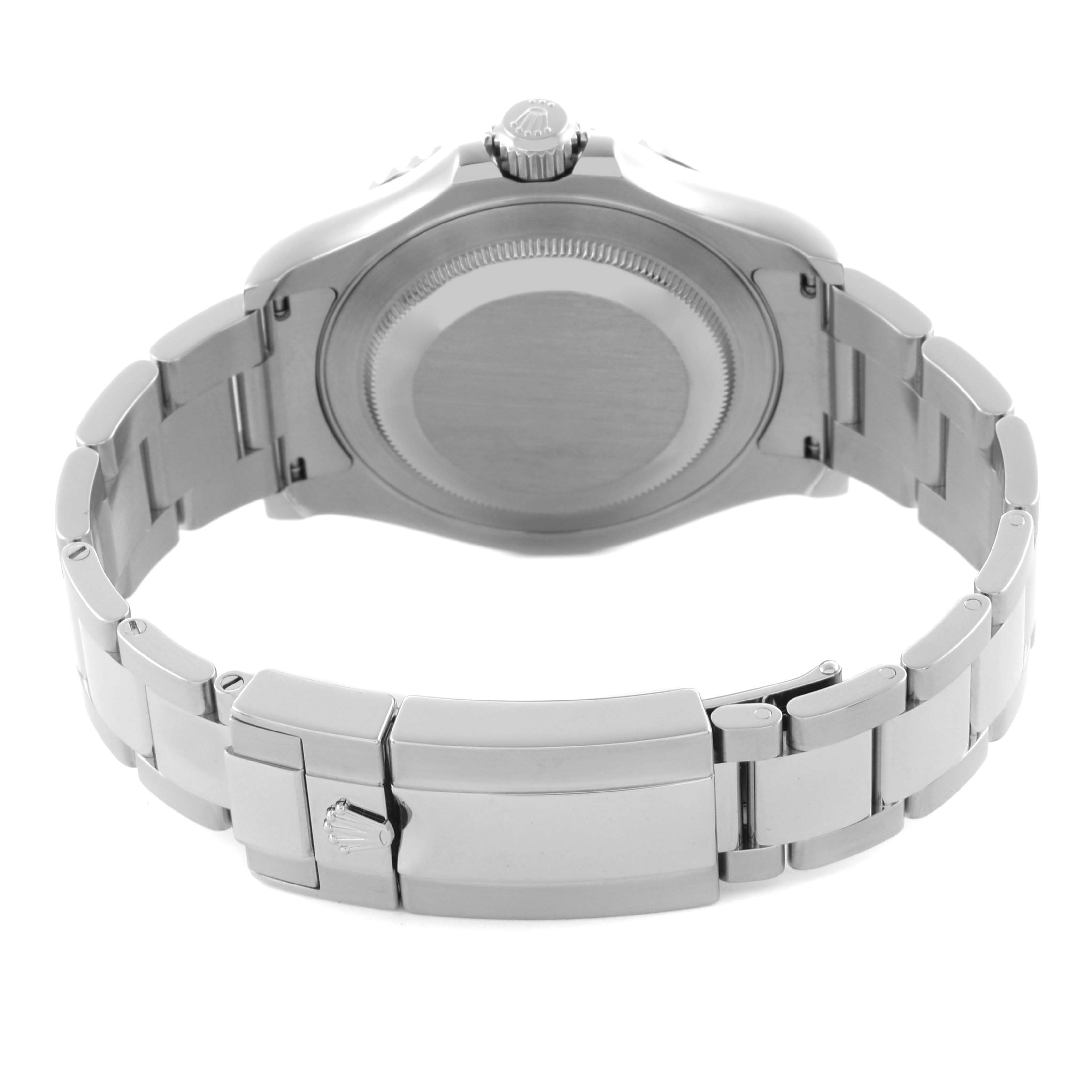 The image shows the Rolex Yacht-Master 126622 Men's Stainless Steel Blue Dial 126622 Men's Stainless Steel Blue Dial watch from the back, highlighting the case back, crown, and bracelet clasp.