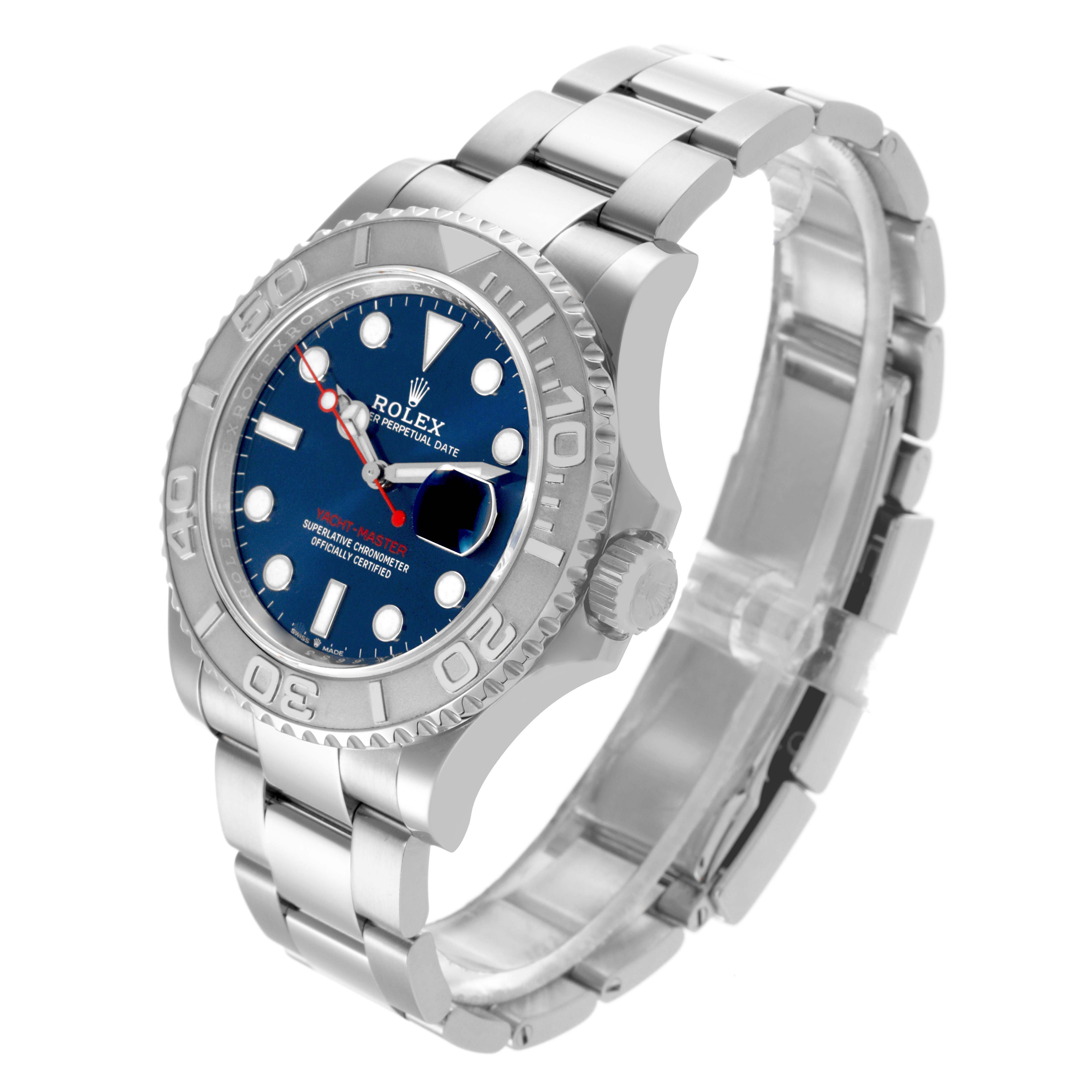 The Rolex Yacht-Master model 126622 watch is shown at a slightly angled side-view, highlighting its bezel, dial, and bracelet.