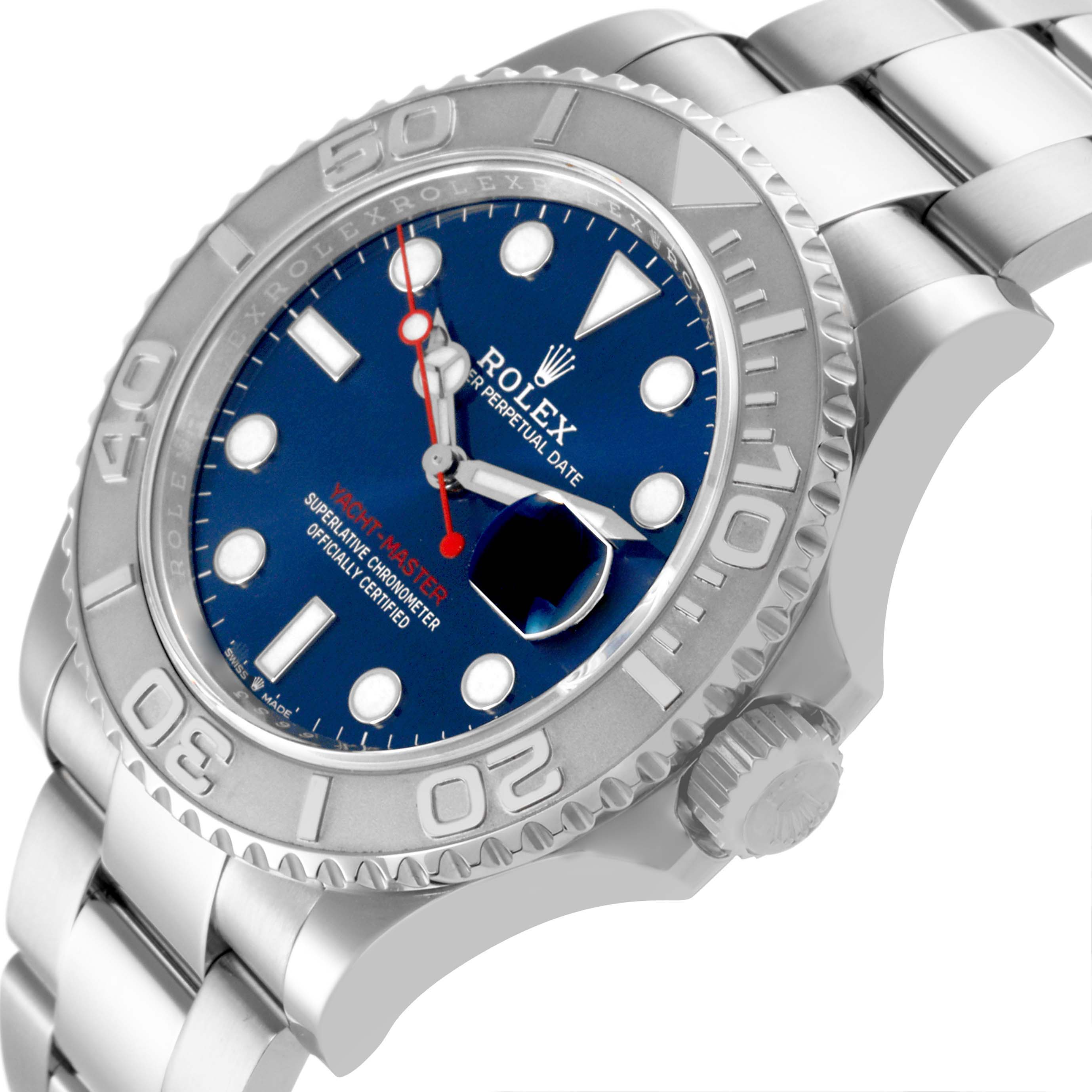 The Rolex Yacht-Master model 126622 is shown from an angled side view, highlighting the dial, bezel, crown, and a portion of the bracelet.