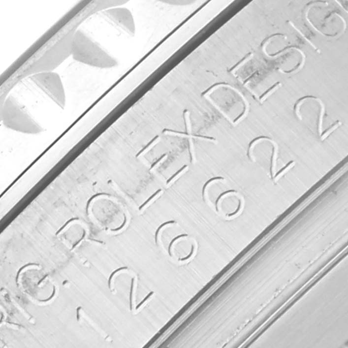 The image shows a close-up of the case side and bezel edge of a Rolex Yacht-Master 126622 Men's Stainless Steel Blue Dial 126622 Men's Stainless Steel Blue Dial watch, highlighting engraving details.