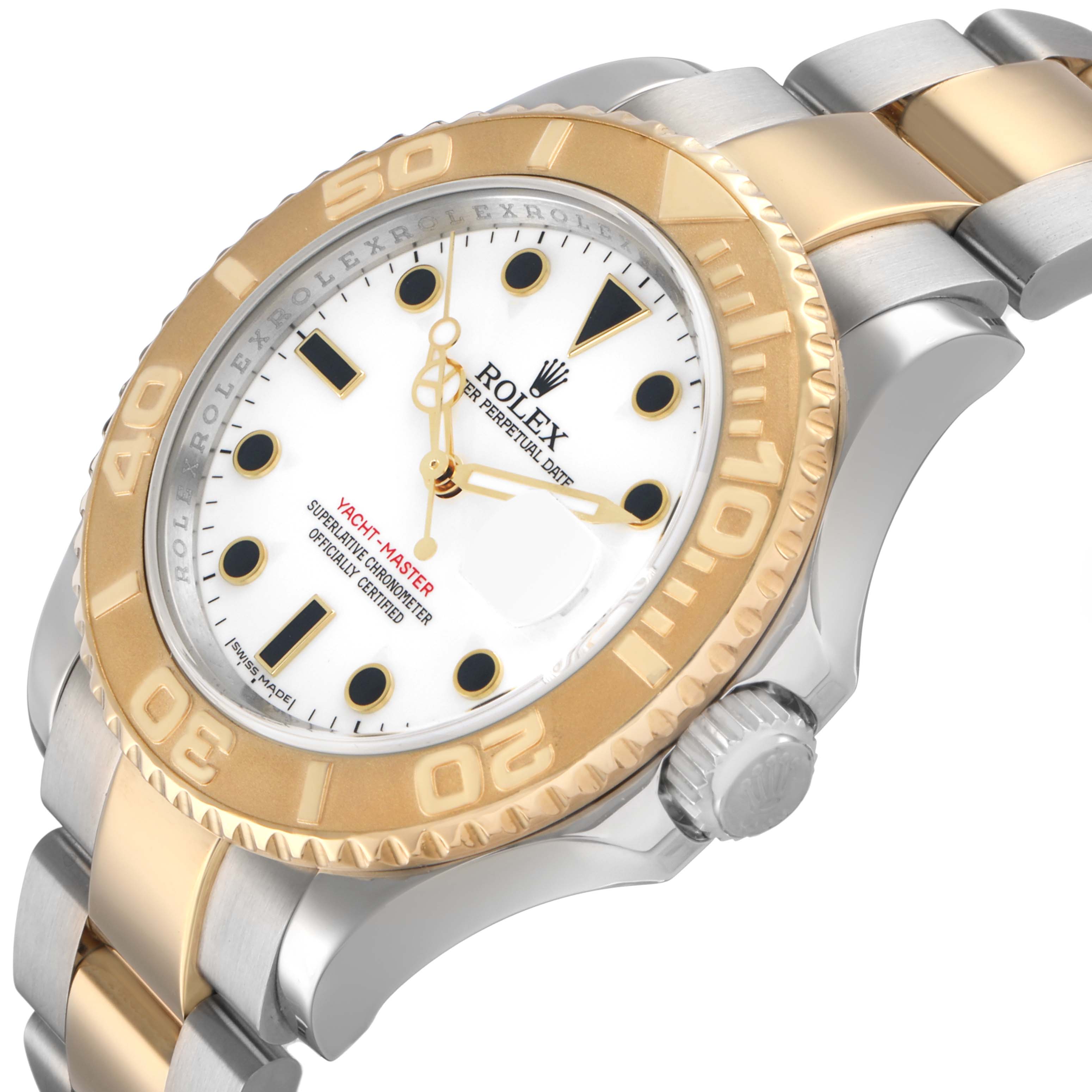 The Rolex Yacht-Master 16623 Men's Steel and Gold (two tone) White Dial watch is shown at an oblique angle, highlighting the dial, bezel, and part of the bracelet.