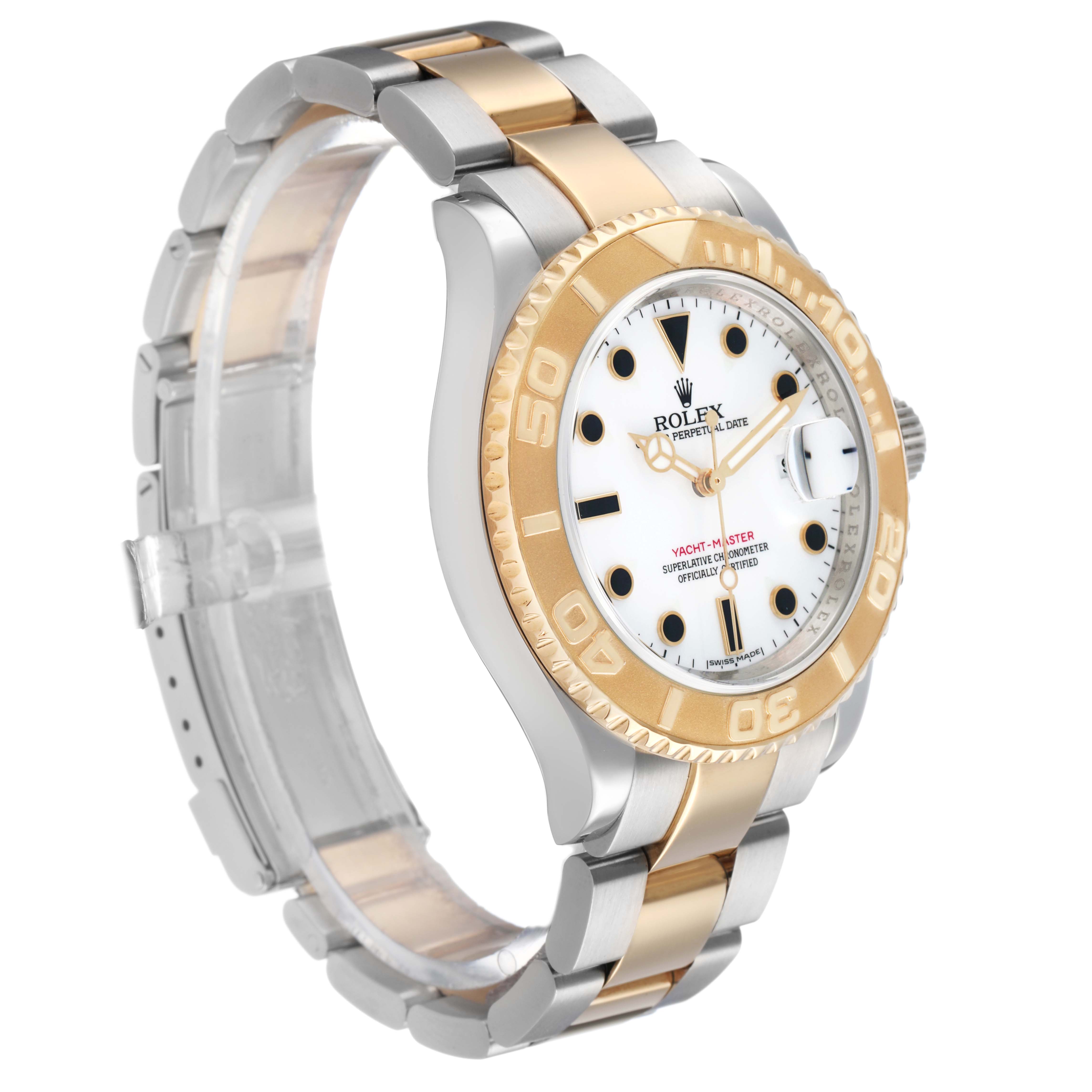 The Rolex Yacht-Master 16623 Men's Steel and Gold (two tone) White Dial watch is shown at a three-quarter angle, displaying the dial, bezel, and part of the bracelet.