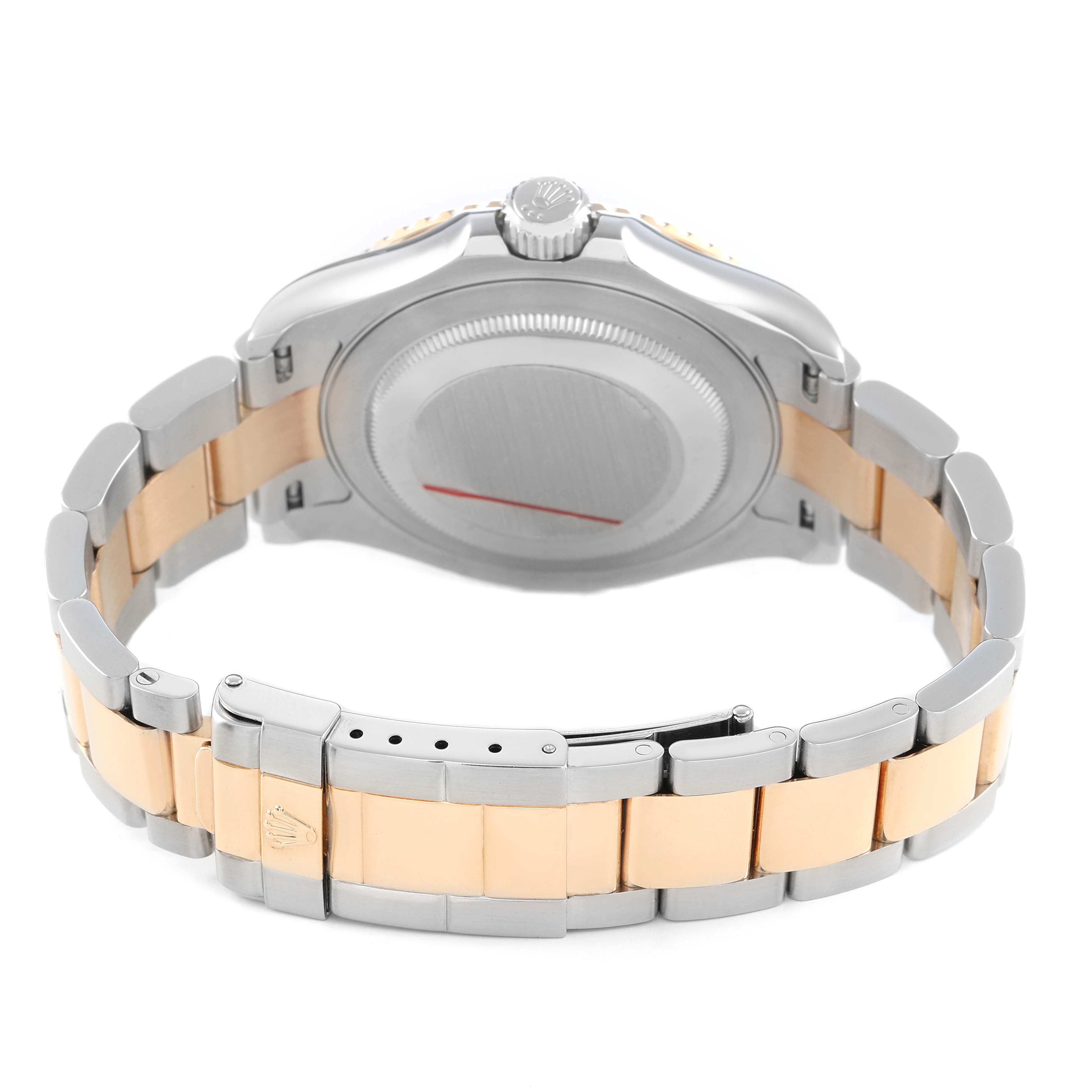 The Rolex Yacht-Master 16623 Men's Steel and Gold (two tone) White Dial watch is shown from the rear, highlighting the case back, crown, and two-tone bracelet.