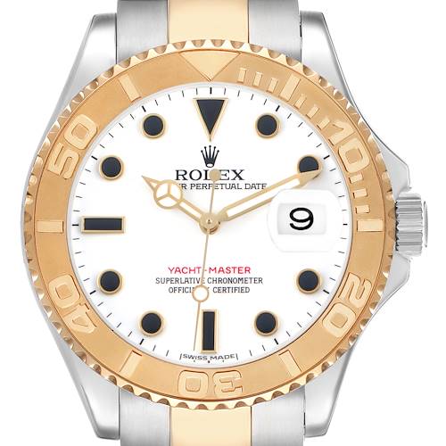 The Rolex Yacht-Master 16623 Men's Steel and Gold (two tone) White Dial watch is shown from the front, highlighting the dial, bezel, and part of the bracelet.