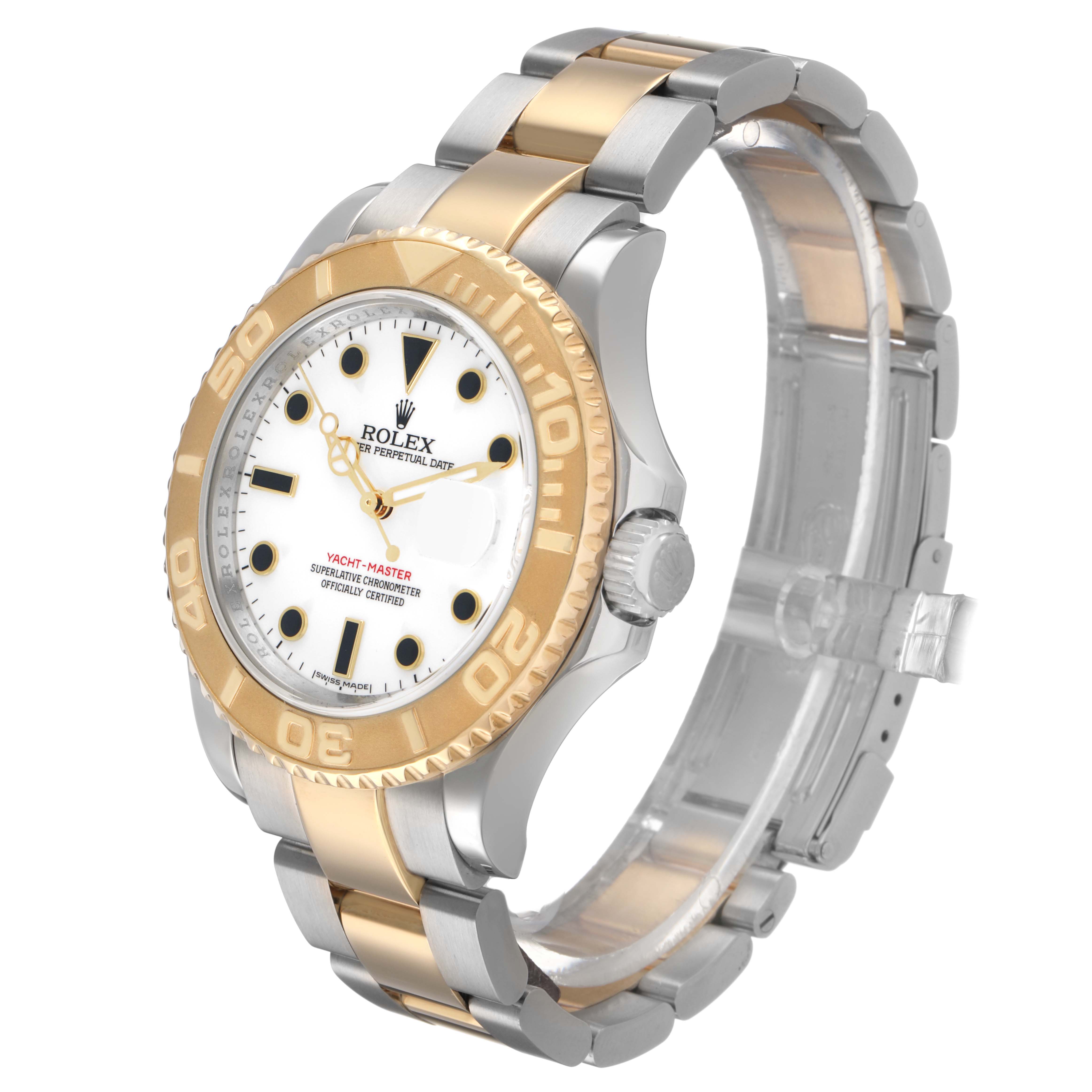 The Rolex Yacht-Master 16623 Men's Steel and Gold (two tone) White Dial watch is shown at an angle displaying its face, bezel, crown, and two-tone bracelet.