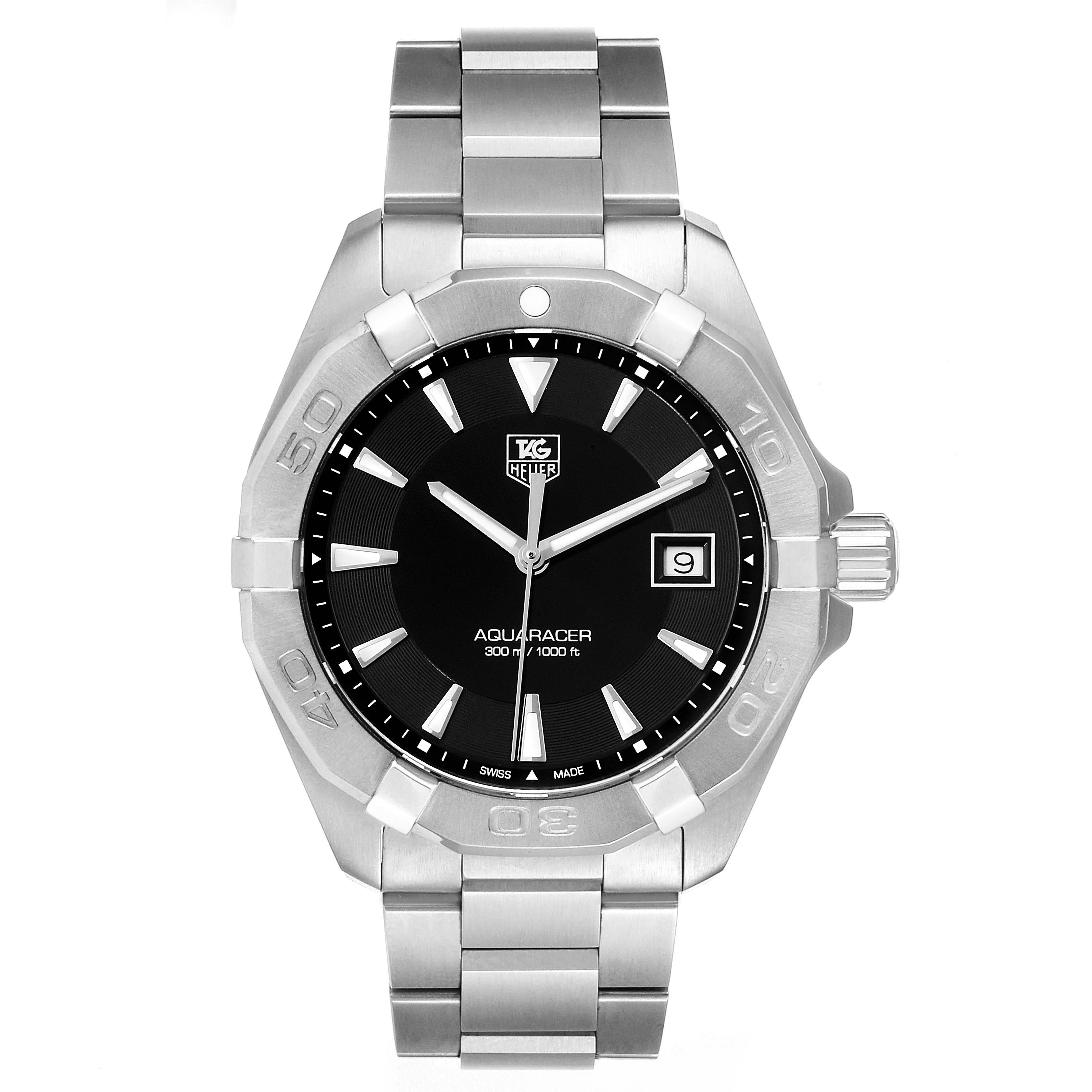 The image shows a front view of the Tag Heuer Aquaracer WAY1110.BA0928 Men
s Stainless Steel Black Dial WAY1110.BA0928 Men
s Stainless Steel Black Dial model watch, displaying the dial, bezel, bracelet, and crown.