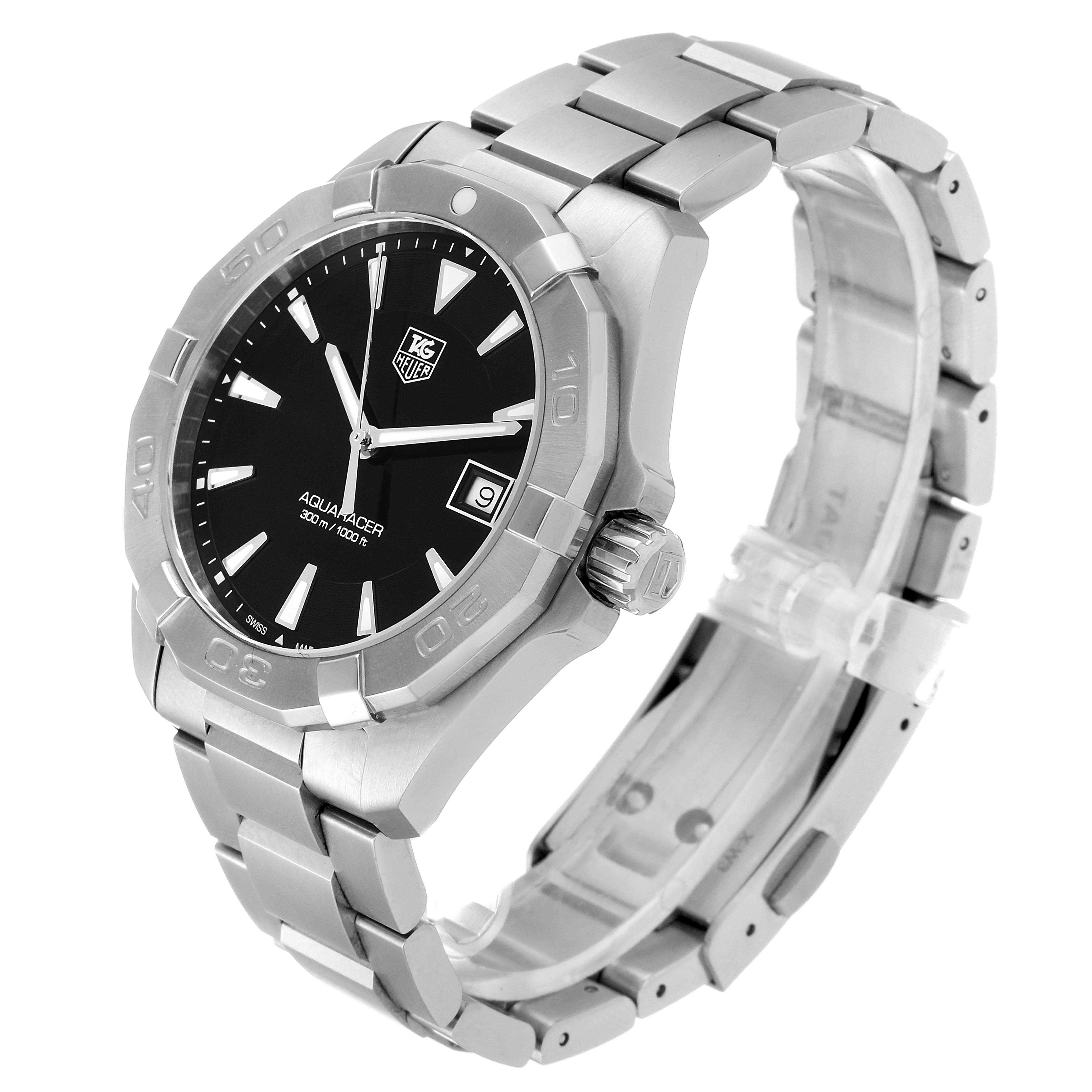 The image shows a side angle view of a Tag Heuer Aquaracer WAY1110.BA0928 Men
s Stainless Steel Black Dial WAY1110.BA0928 Men
s Stainless Steel Black Dial watch, highlighting the bracelet, bezel, dial, and crown.