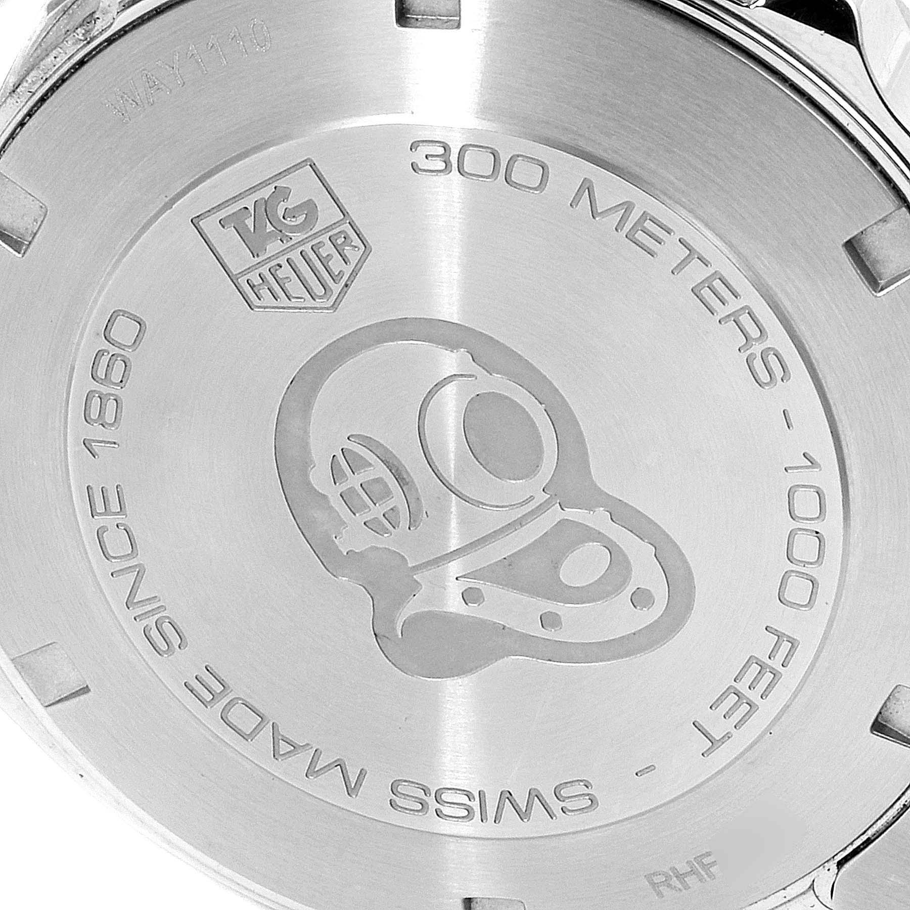 This image shows the engraved case back of a Tag Heuer Aquaracer WAY1110.BA0928 Men
s Stainless Steel Black Dial WAY1110.BA0928 Men
s Stainless Steel Black Dial watch, displaying water resistance and brand details.