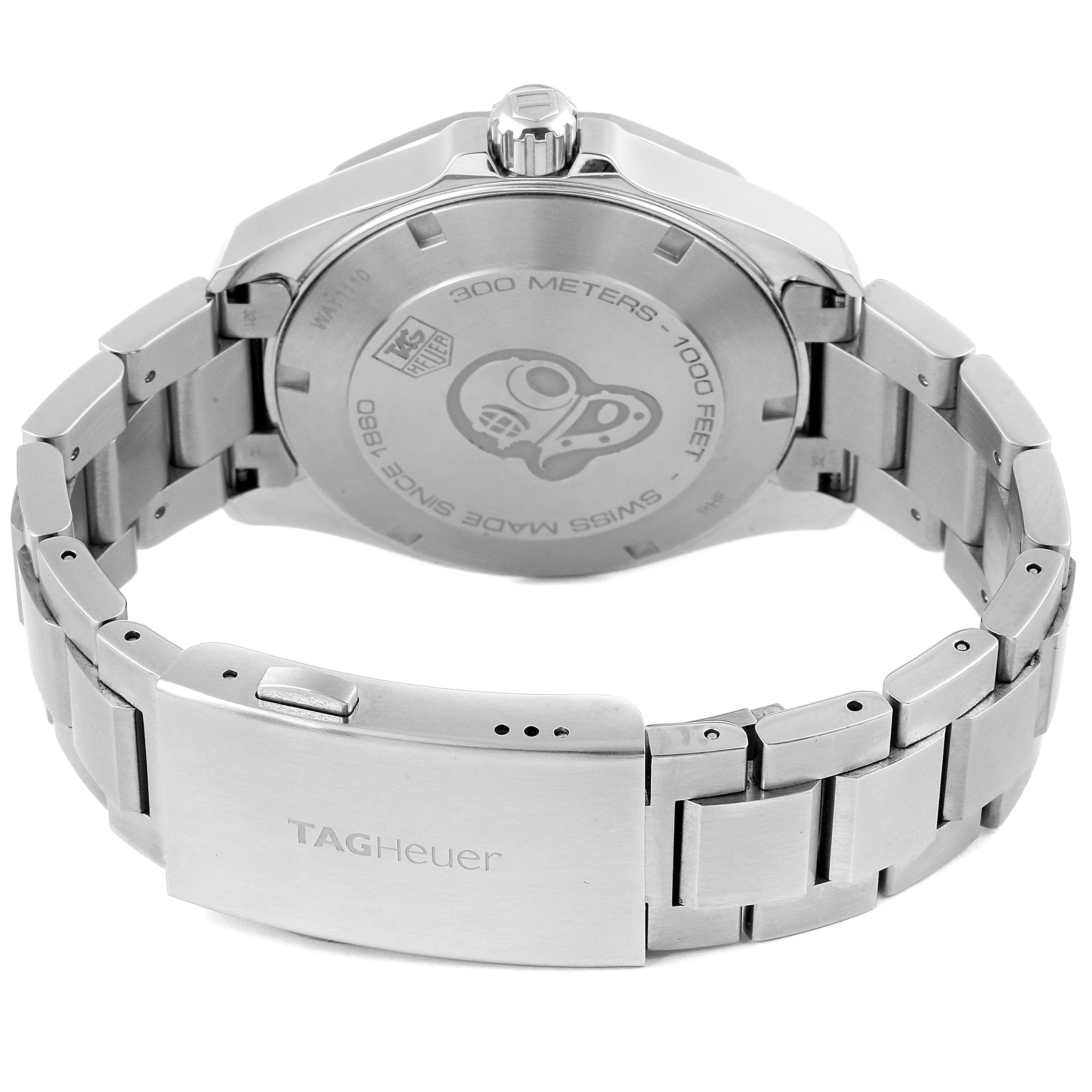 The image shows the back and bracelet clasp of the Tag Heuer Aquaracer WAY1110.BA0928 Men
s Stainless Steel Black Dial WAY1110.BA0928 Men
s Stainless Steel Black Dial watch with visible branding and model details.