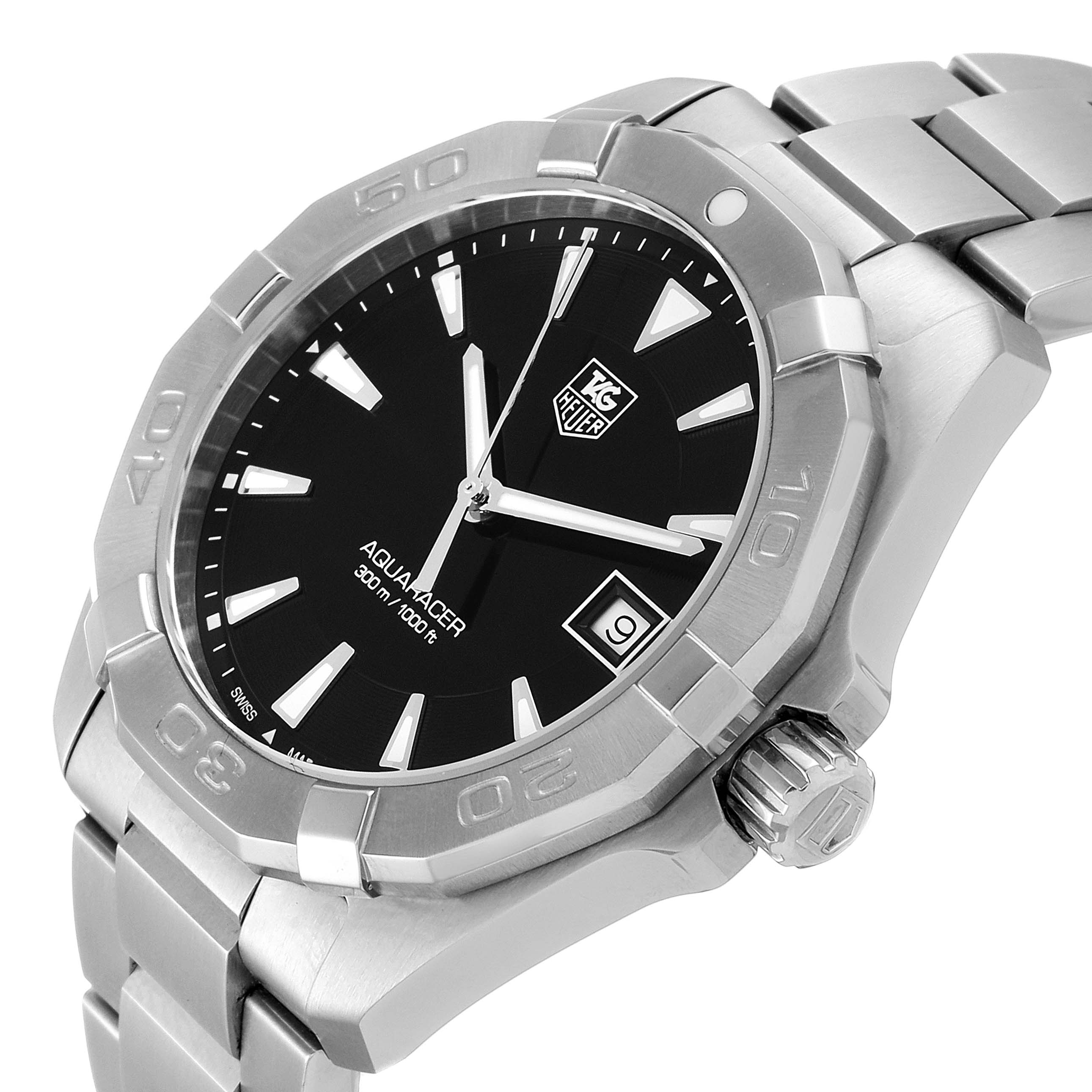 This image shows a Tag Heuer Aquaracer WAY1110.BA0928 Men
s Stainless Steel Black Dial WAY1110.BA0928 Men
s Stainless Steel Black Dial watch at a slight side angle, highlighting the bezel, dial, crown, and part of the bracelet.