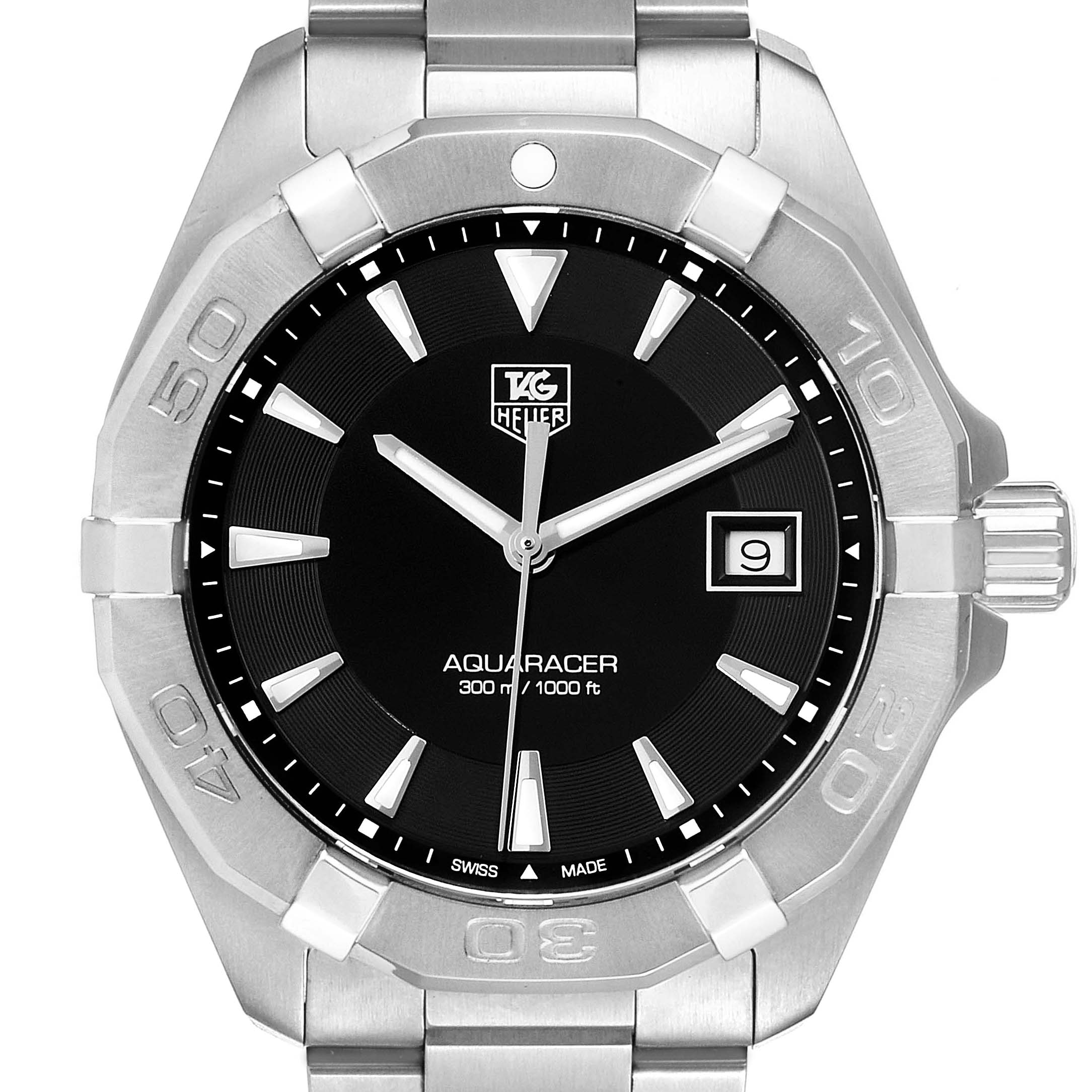 The image shows a front view of the Tag Heuer Aquaracer WAY1110.BA0928 Men
s Stainless Steel Black Dial WAY1110.BA0928 Men
s Stainless Steel Black Dial watch, highlighting its dial, bezel, and bracelet.