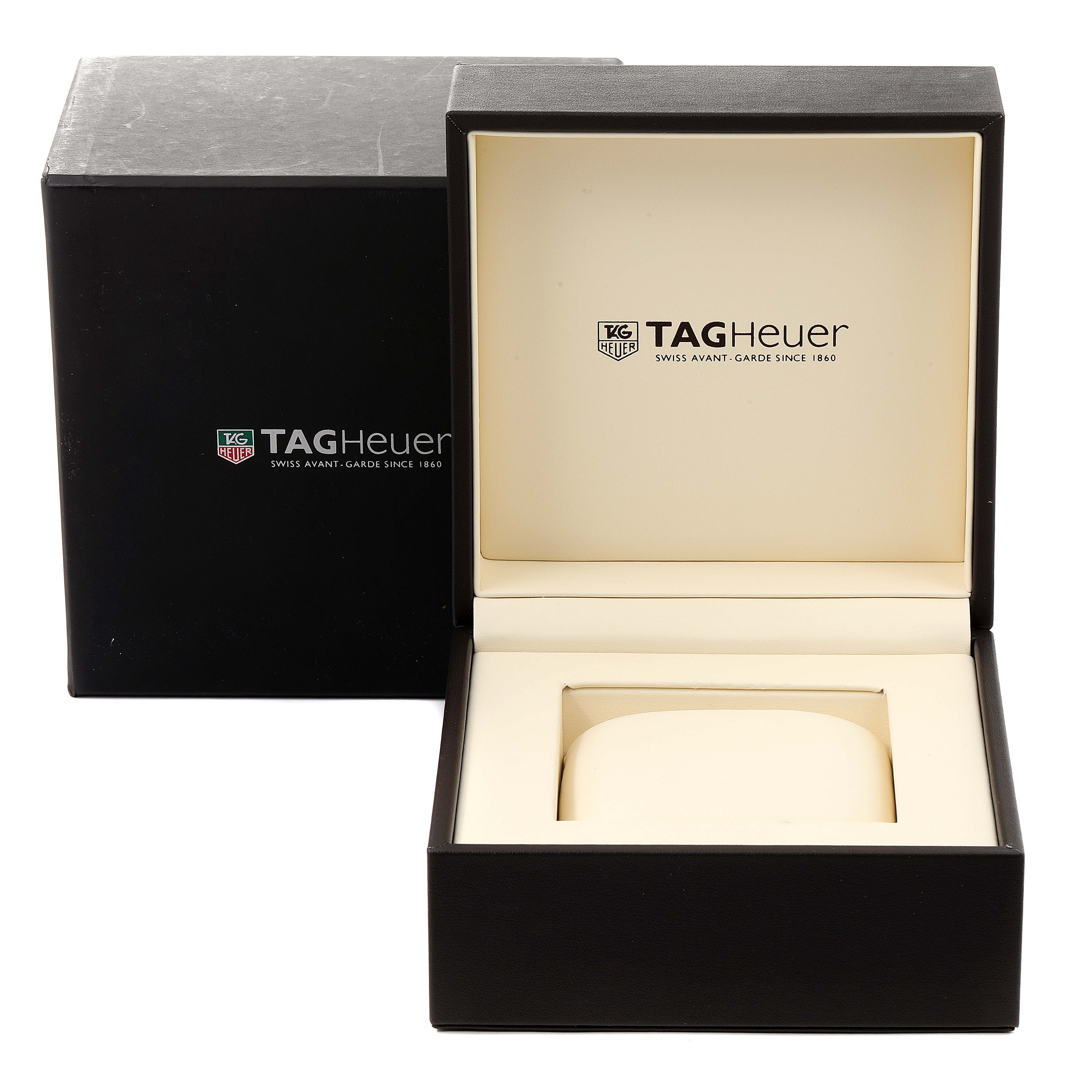 The image shows an open Tag Heuer Carrera CBG2A1Z.BA0658 Men
s Stainless Steel Black Dial CBG2A1Z.BA0658 Men
s Stainless Steel Black Dial watch box, revealing its cushioned interior for holding the watch.