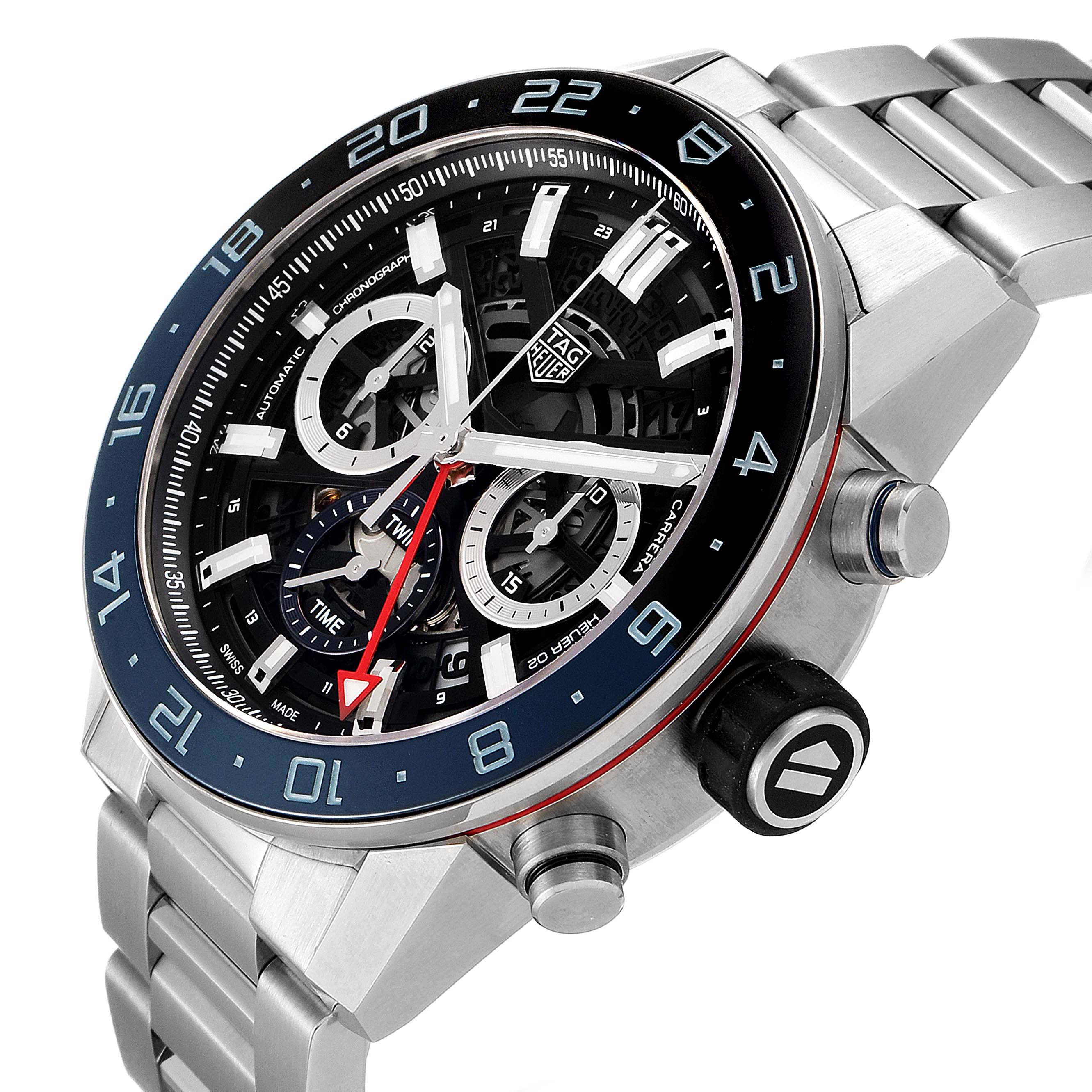 This image shows a front angle of a Tag Heuer Carrera CBG2A1Z.BA0658 Men
s Stainless Steel Black Dial CBG2A1Z.BA0658 Men
s Stainless Steel Black Dial model watch, displaying its face, bezel, crown, and part of the stainless steel band.