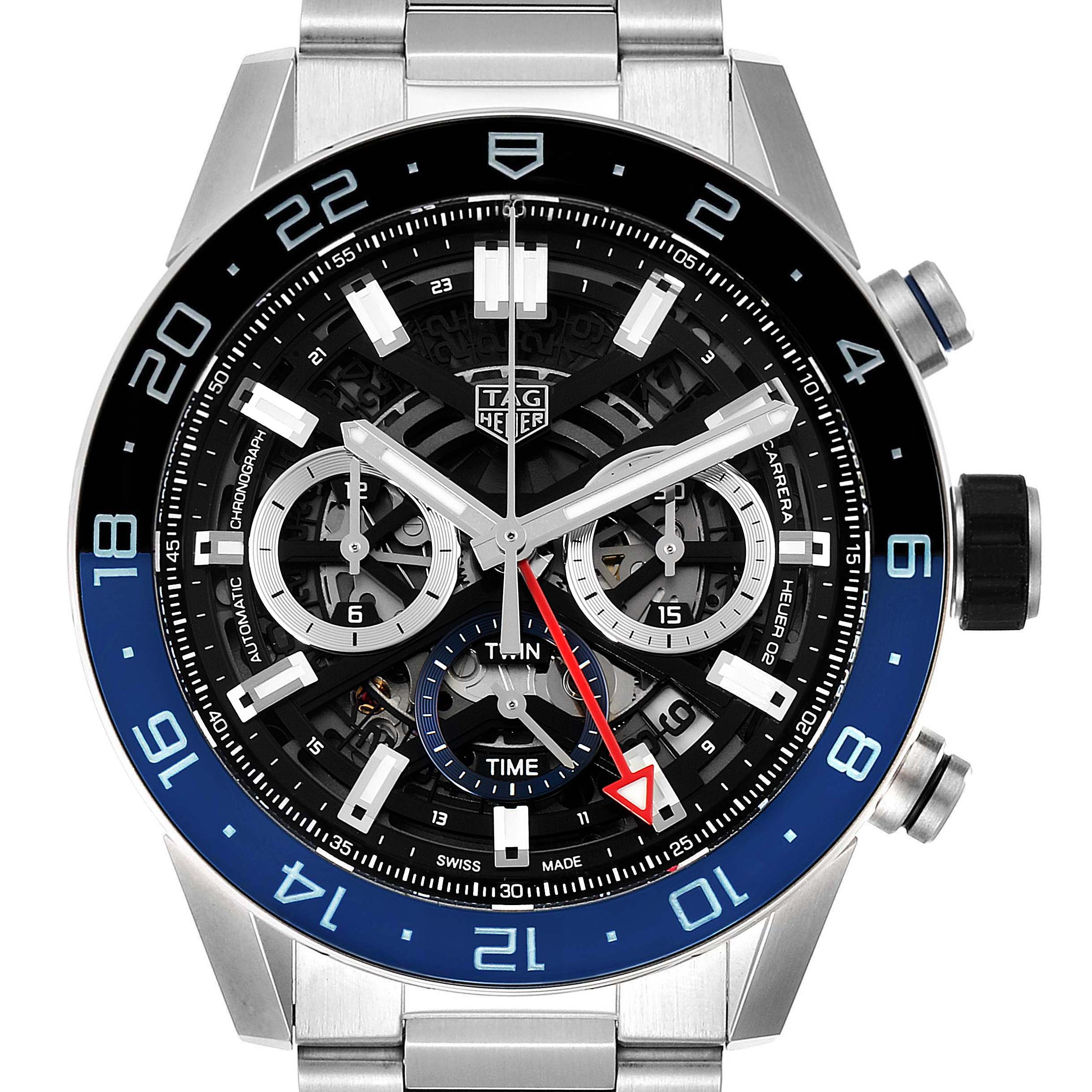 The Tag Heuer Carrera CBG2A1Z.BA0658 Men
s Stainless Steel Black Dial CBG2A1Z.BA0658 Men
s Stainless Steel Black Dial watch is shown in a close-up, detailed front view, highlighting the dial, bezel, and chronograph sub-dials.