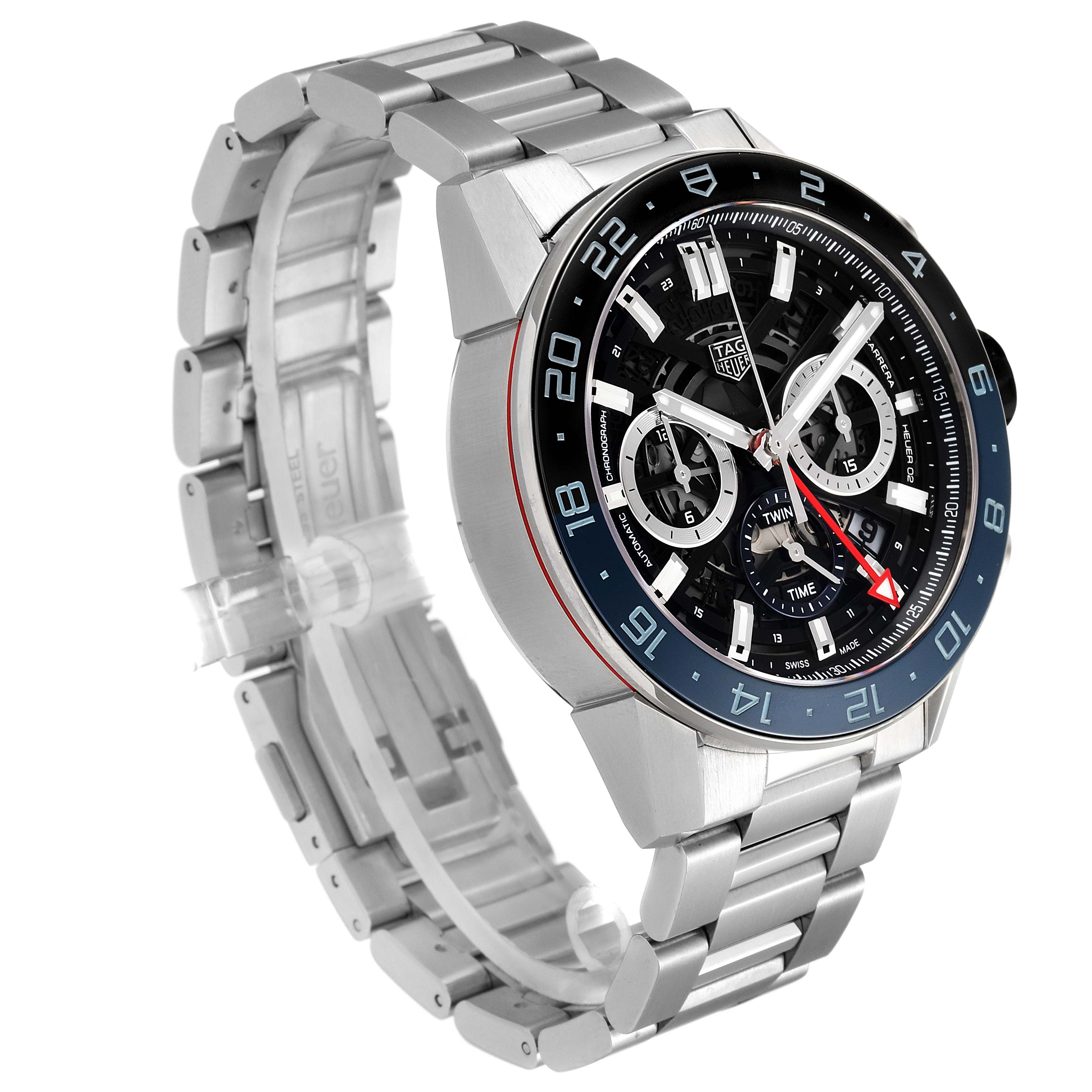 The Tag Heuer Carrera CBG2A1Z.BA0658 Men
s Stainless Steel Black Dial CBG2A1Z.BA0658 Men
s Stainless Steel Black Dial watch is shown at a three-quarter angle, highlighting the face, bezel, and stainless steel bracelet.