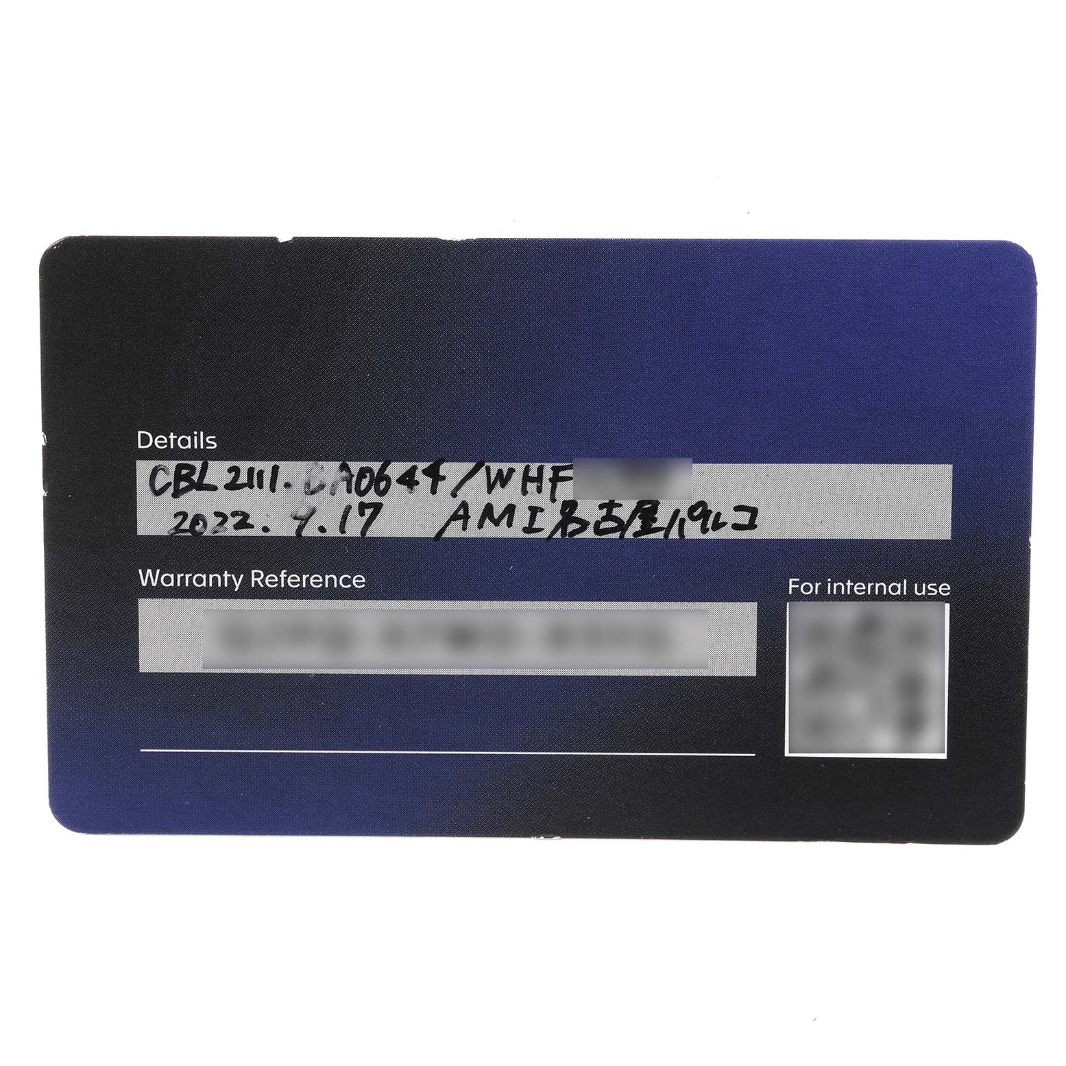 The image shows a warranty card for the Tag Heuer Monaco CBL2111.BA0644 Men's Stainless Steel Blue Dial CBL2111.BA0644 Men's Stainless Steel Blue Dial watch model, displaying handwritten and printed details.