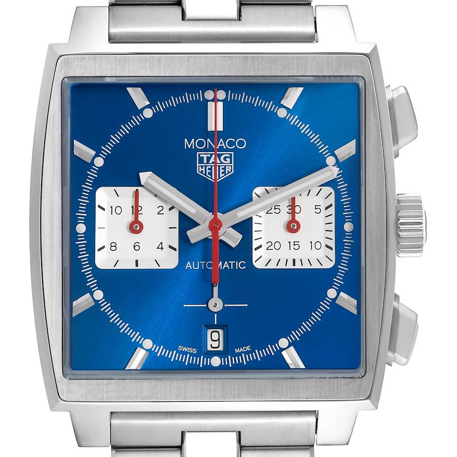 The Tag Heuer Monaco watch is shown from the front, highlighting its square case, blue dial, subdials, and crown on the side.