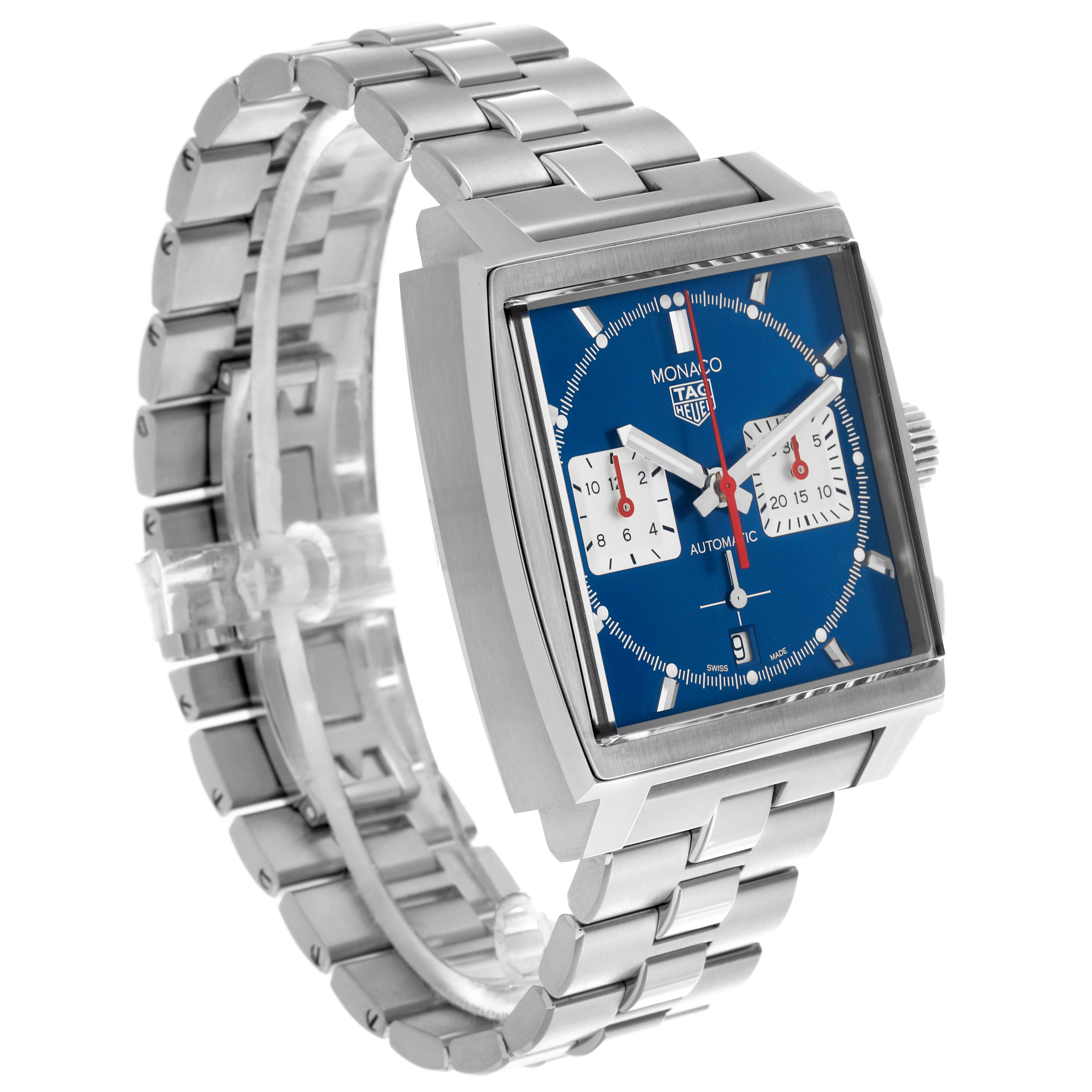 The Tag Heuer Monaco CBL2111.BA0644 Men's Stainless Steel Blue Dial CBL2111.BA0644 Men's Stainless Steel Blue Dial watch is shown at a front angle, displaying its square face and stainless steel bracelet.