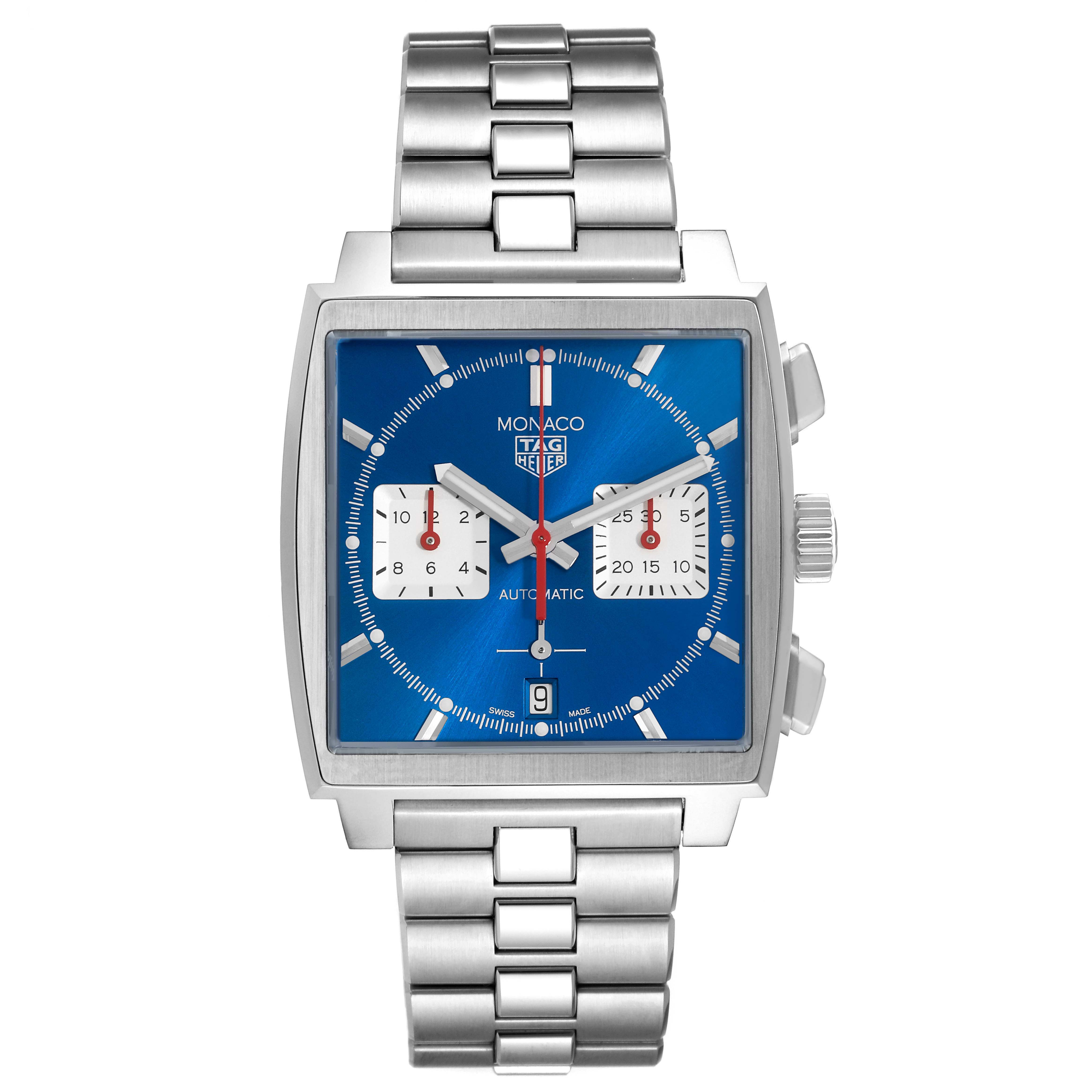 The Tag Heuer Monaco CBL2111.BA0644 Men's Stainless Steel Blue Dial CBL2111.BA0644 Men's Stainless Steel Blue Dial watch is shown from the front, displaying its blue dial, square case, and metal bracelet.