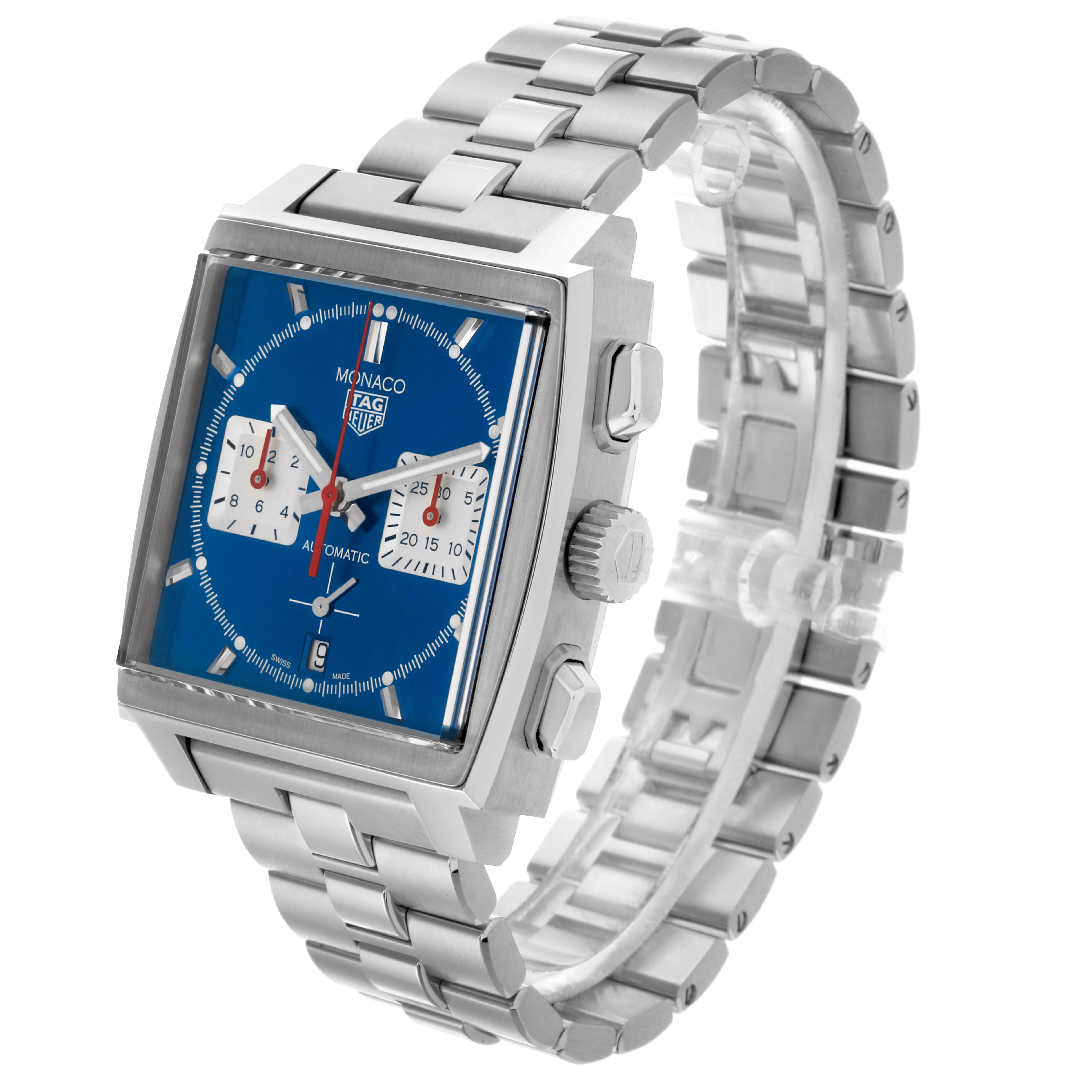 The Tag Heuer Monaco CBL2111.BA0644 Men's Stainless Steel Blue Dial CBL2111.BA0644 Men's Stainless Steel Blue Dial watch is shown at a three-quarter angle, highlighting the face, crown, and stainless steel bracelet.