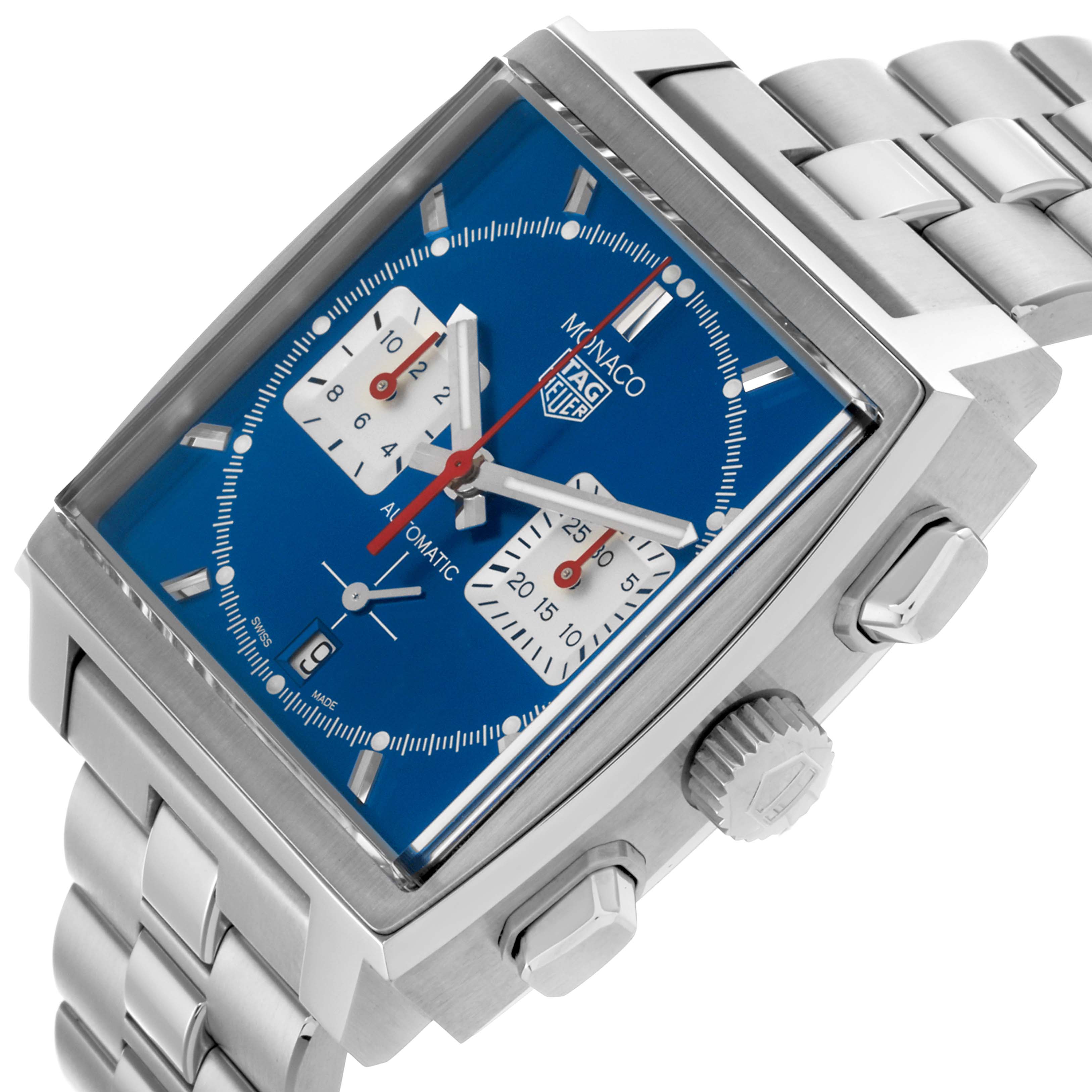 The Tag Heuer Monaco CBL2111.BA0644 Men's Stainless Steel Blue Dial CBL2111.BA0644 Men's Stainless Steel Blue Dial watch is shown at an angle highlighting the face, side case, crown, and metal bracelet.