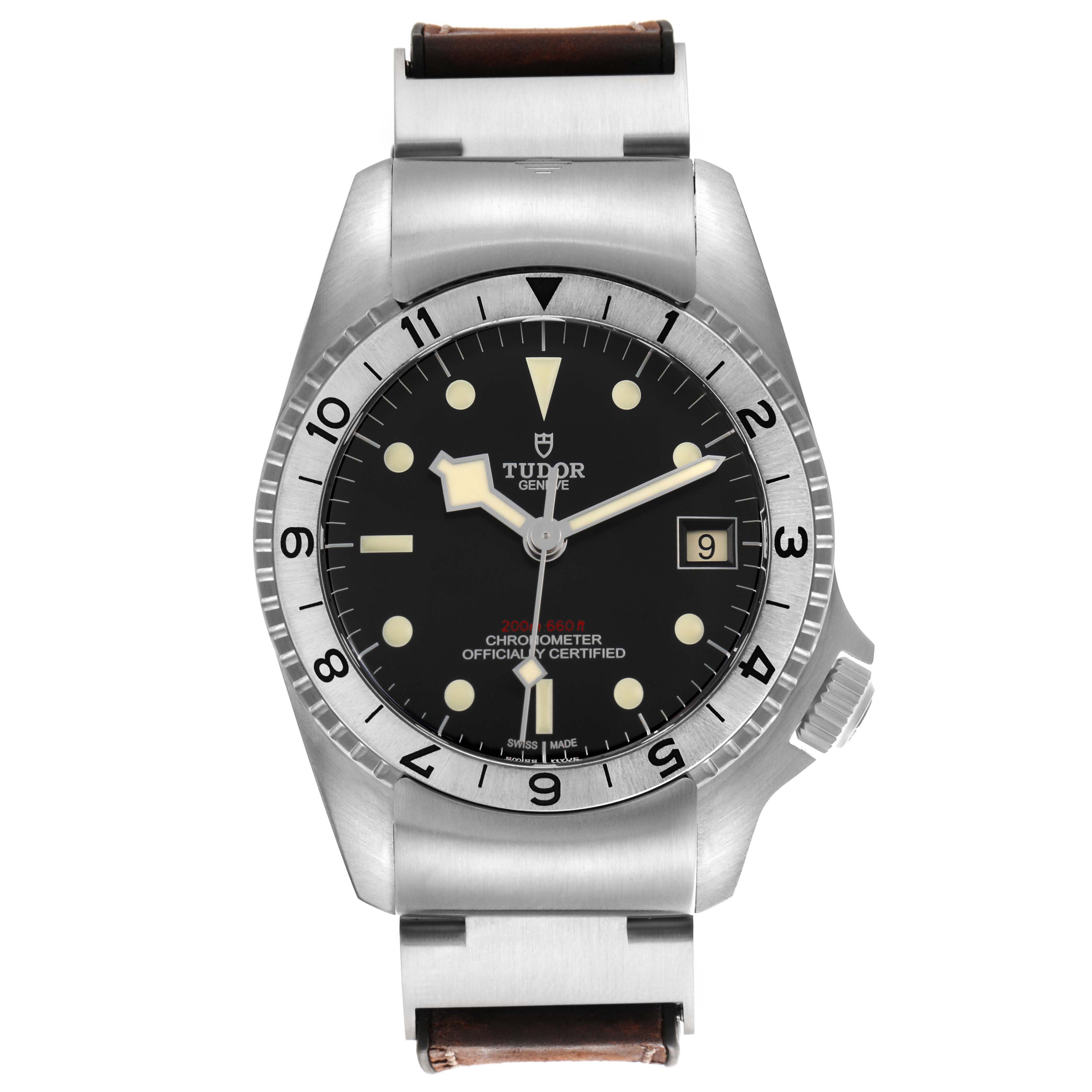 The Tudor Heritage Black Bay M70150-0001 Men's Stainless Steel Black Dial watch is shown from a front view, displaying the face, bezel, and part of the bracelet.