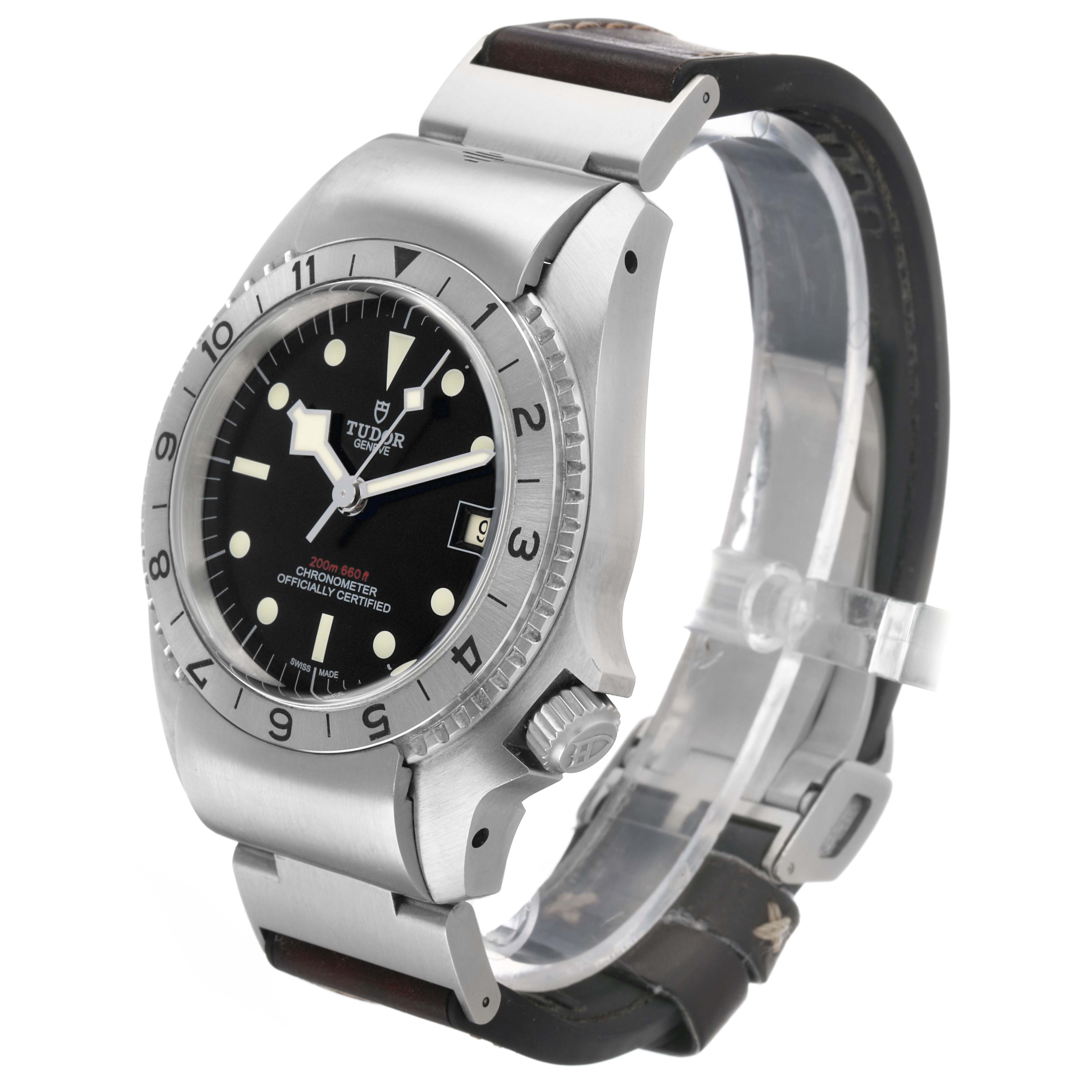 The Tudor Heritage Black Bay M70150-0001 Men's Stainless Steel Black Dial watch is shown at a slightly angled side view, displaying the case, bezel, dial, crown, and bracelet.