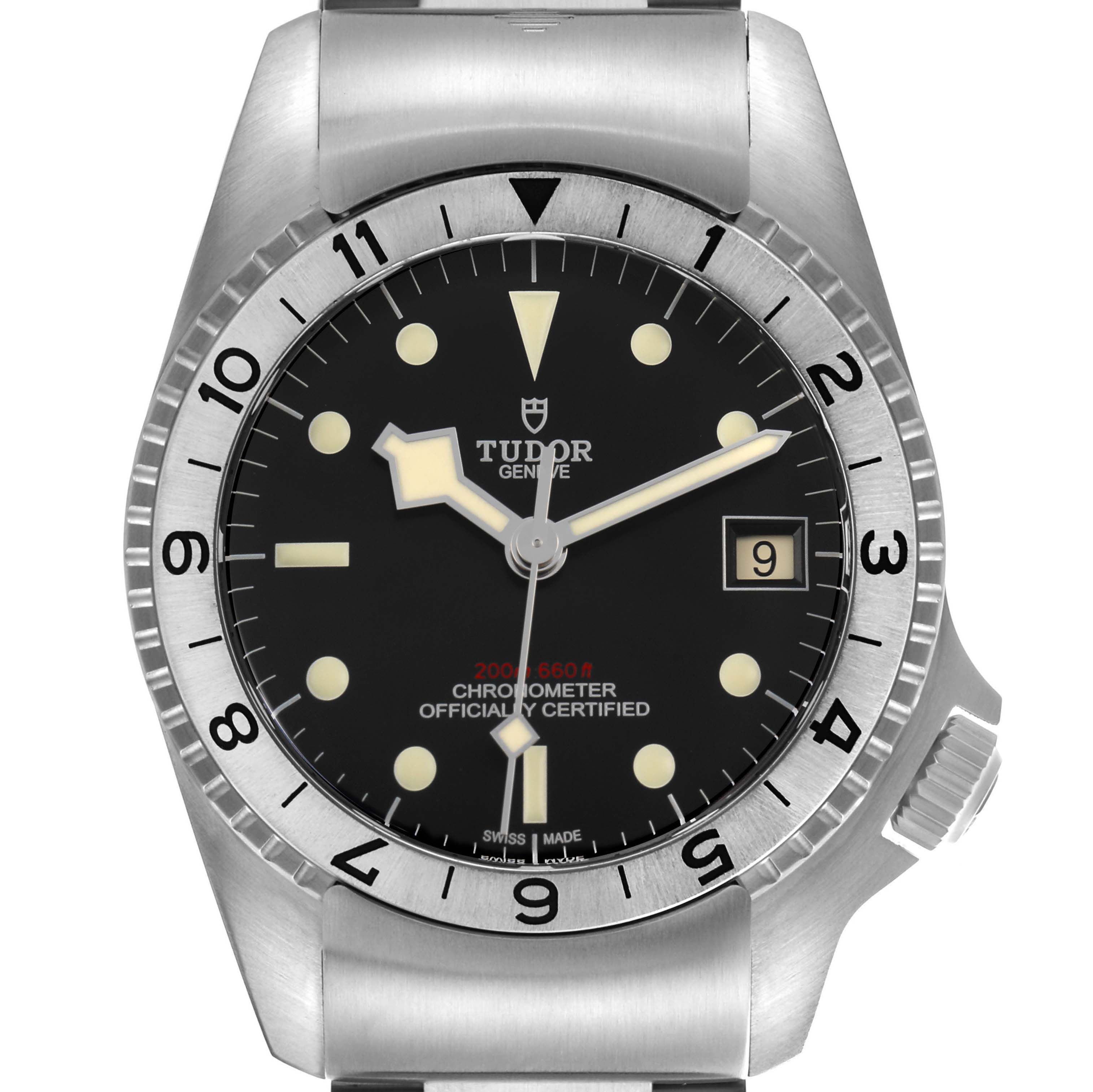 The image shows a front view of the Tudor Heritage Black Bay M70150-0001 Men's Stainless Steel Black Dial watch, highlighting its dial, bezel, and crown.