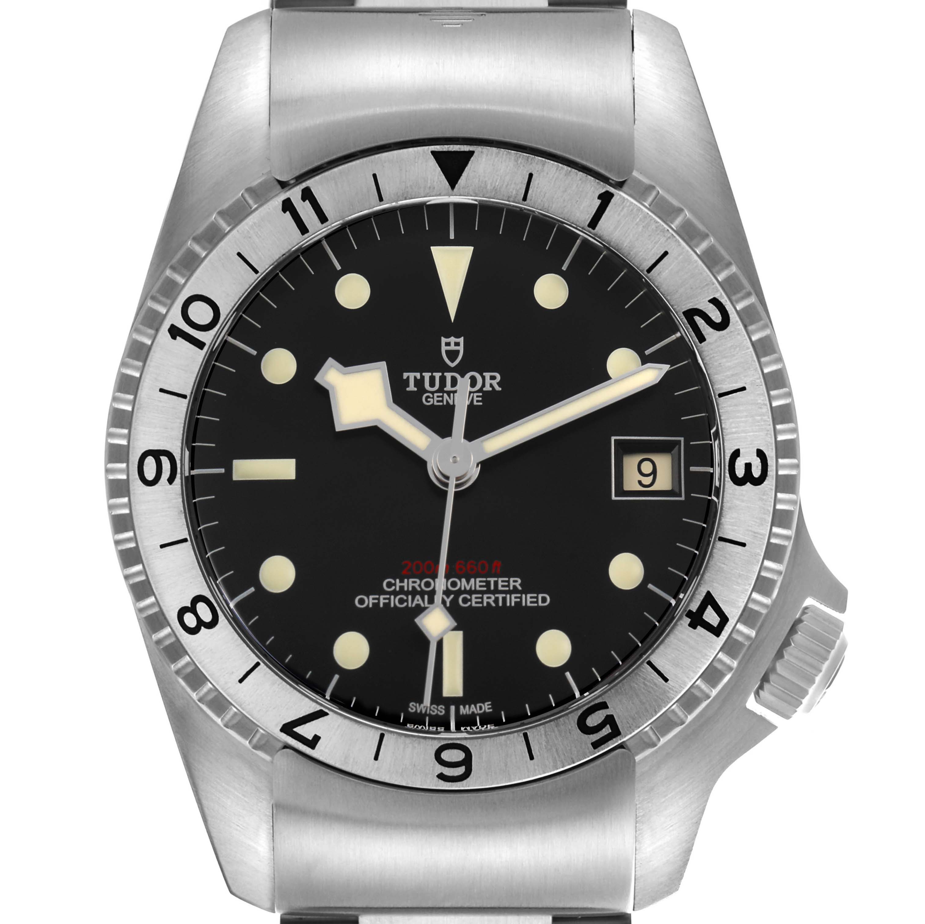 The Tudor Heritage Black Bay M70150-0001 Men's Stainless Steel Black Dial watch is shown from a front angle, displaying the dial, bezel, and a portion of the stainless steel bracelet.