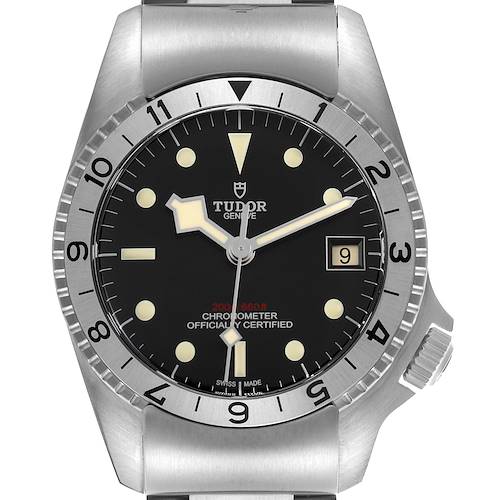 The Tudor Heritage Black Bay M70150-0001 Men's Stainless Steel Black Dial watch is shown from a front view, highlighting its bezel, dial, and date window.