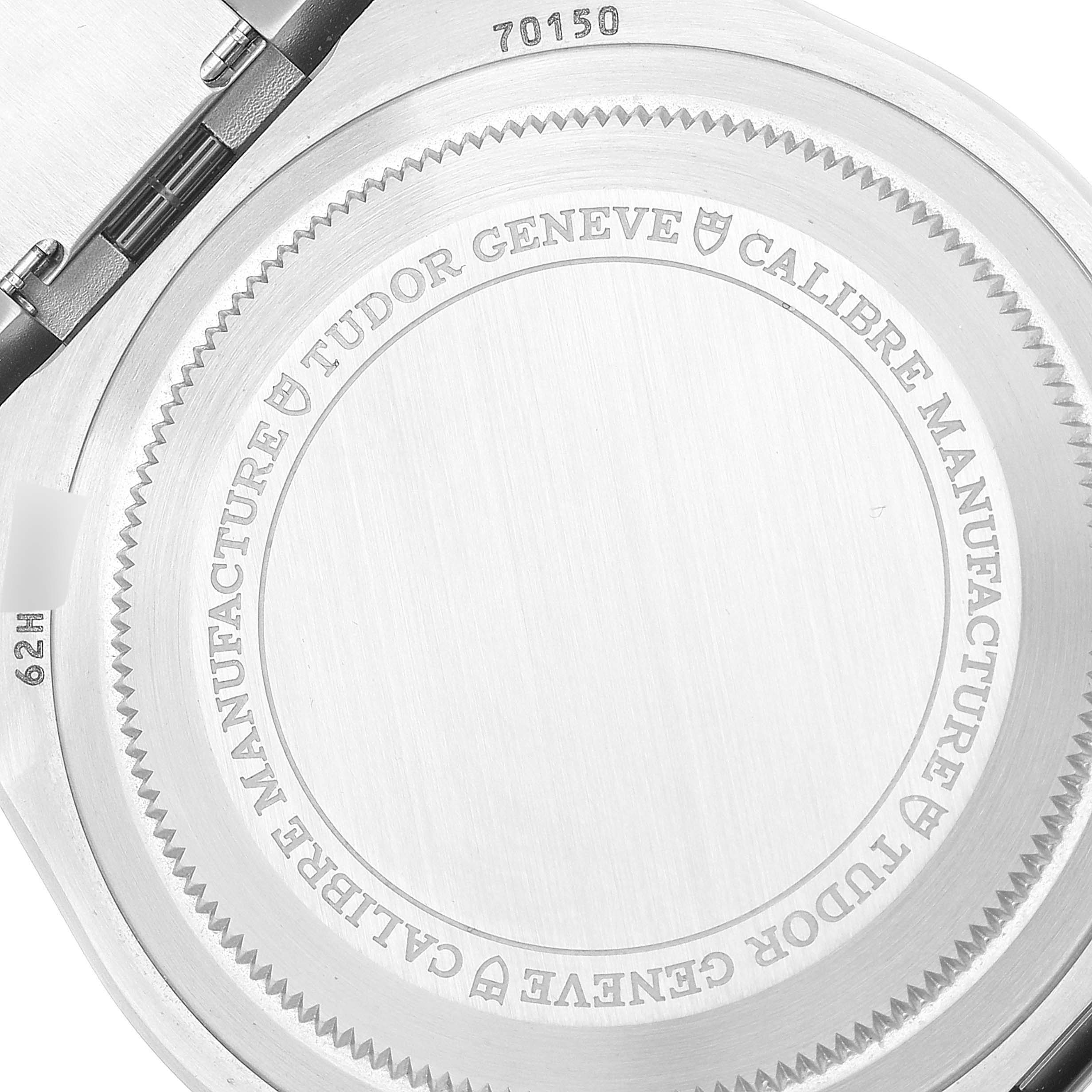 This image shows the case back of the Tudor Heritage Black Bay M70150-0001 Men
s Stainless Steel Black Dial M70150-0001 Men
s Stainless Steel Black Dial watch, displaying the model number 70150 and brand inscription.