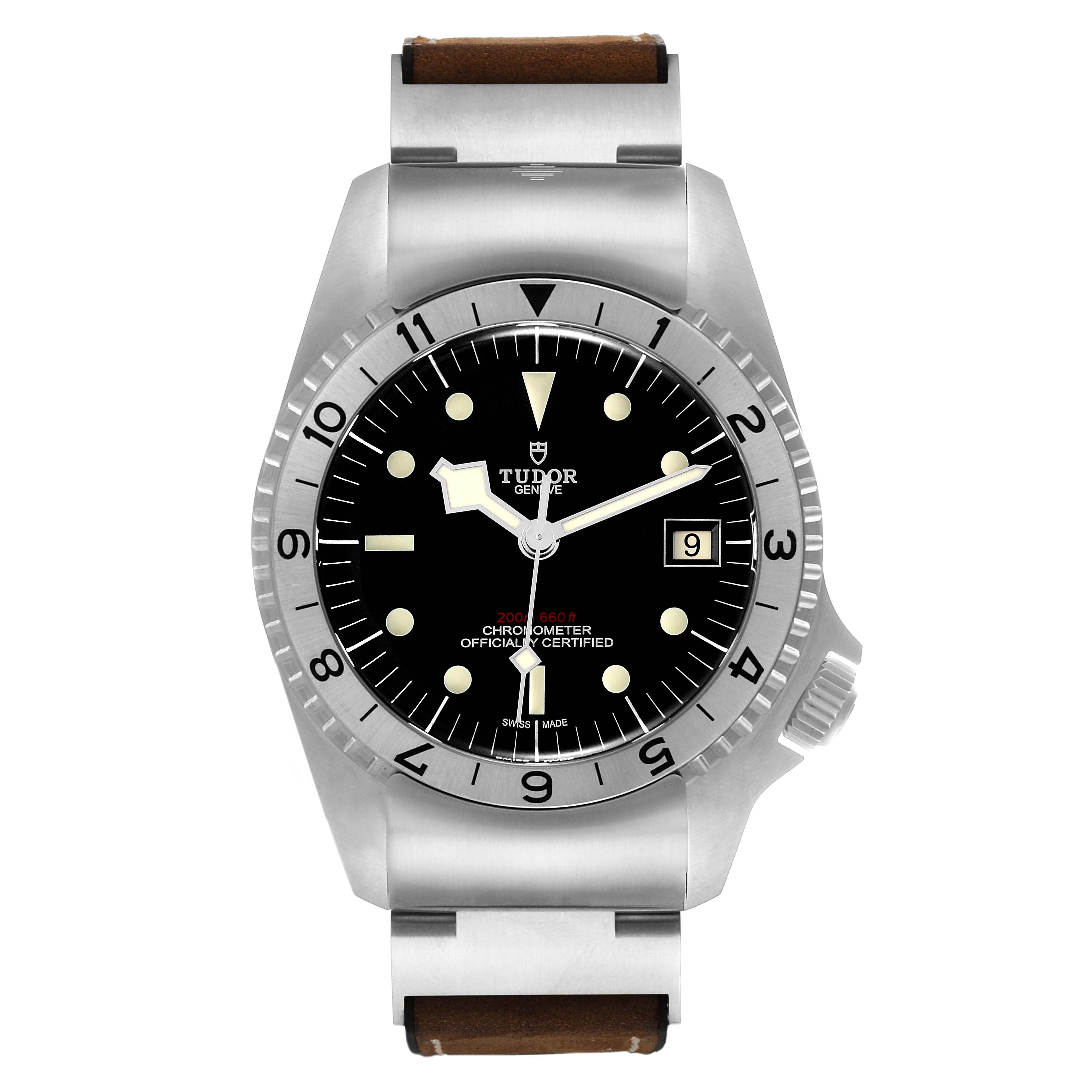 The image shows a front view of the Tudor Heritage Black Bay M70150-0001 Men
s Stainless Steel Black Dial M70150-0001 Men
s Stainless Steel Black Dial watch, displaying its black dial, bezel, and steel bracelet.