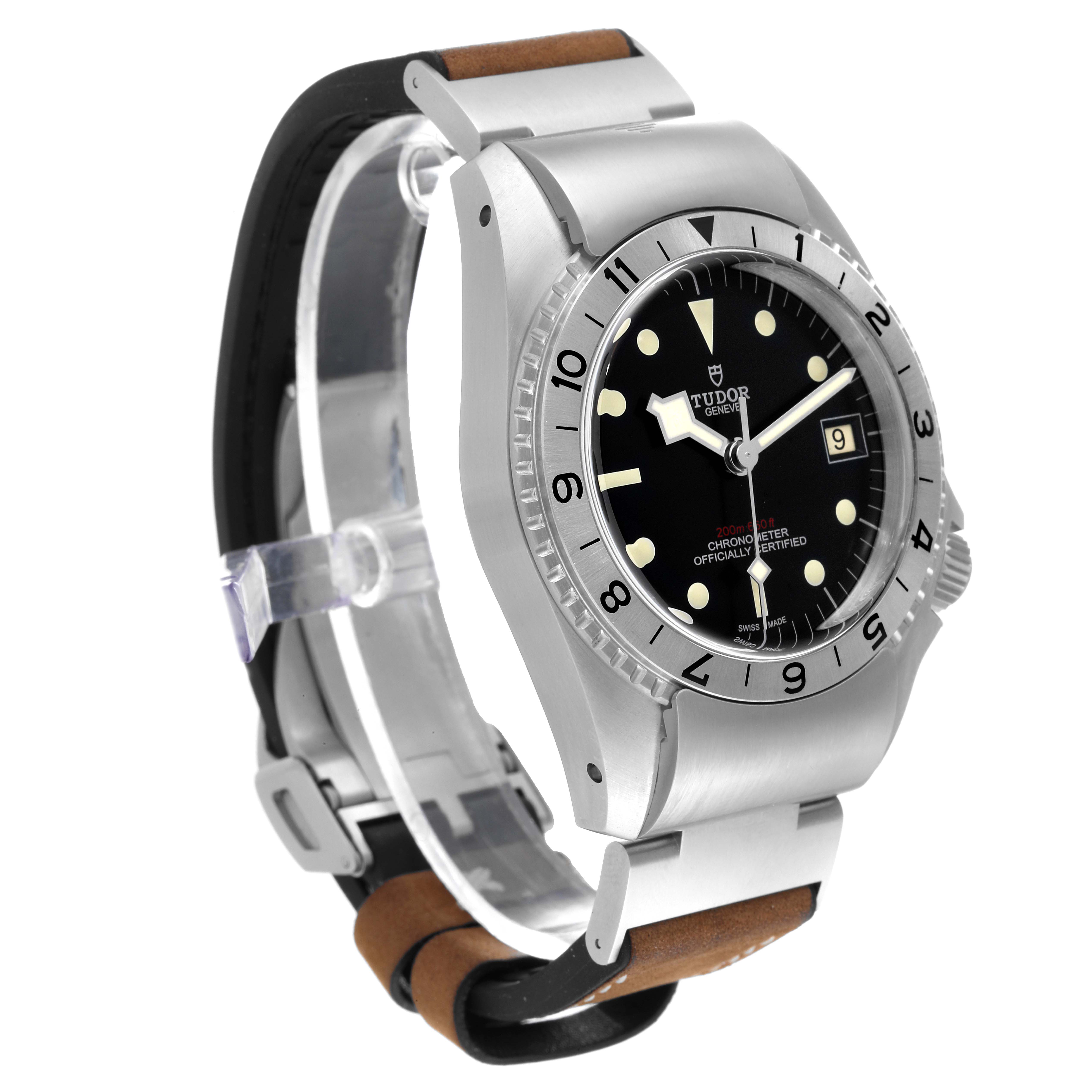 The image shows a side angle view of a Tudor Heritage Black Bay M70150-0001 Men
s Stainless Steel Black Dial M70150-0001 Men
s Stainless Steel Black Dial watch, highlighting the case, dial, bezel, and strap.