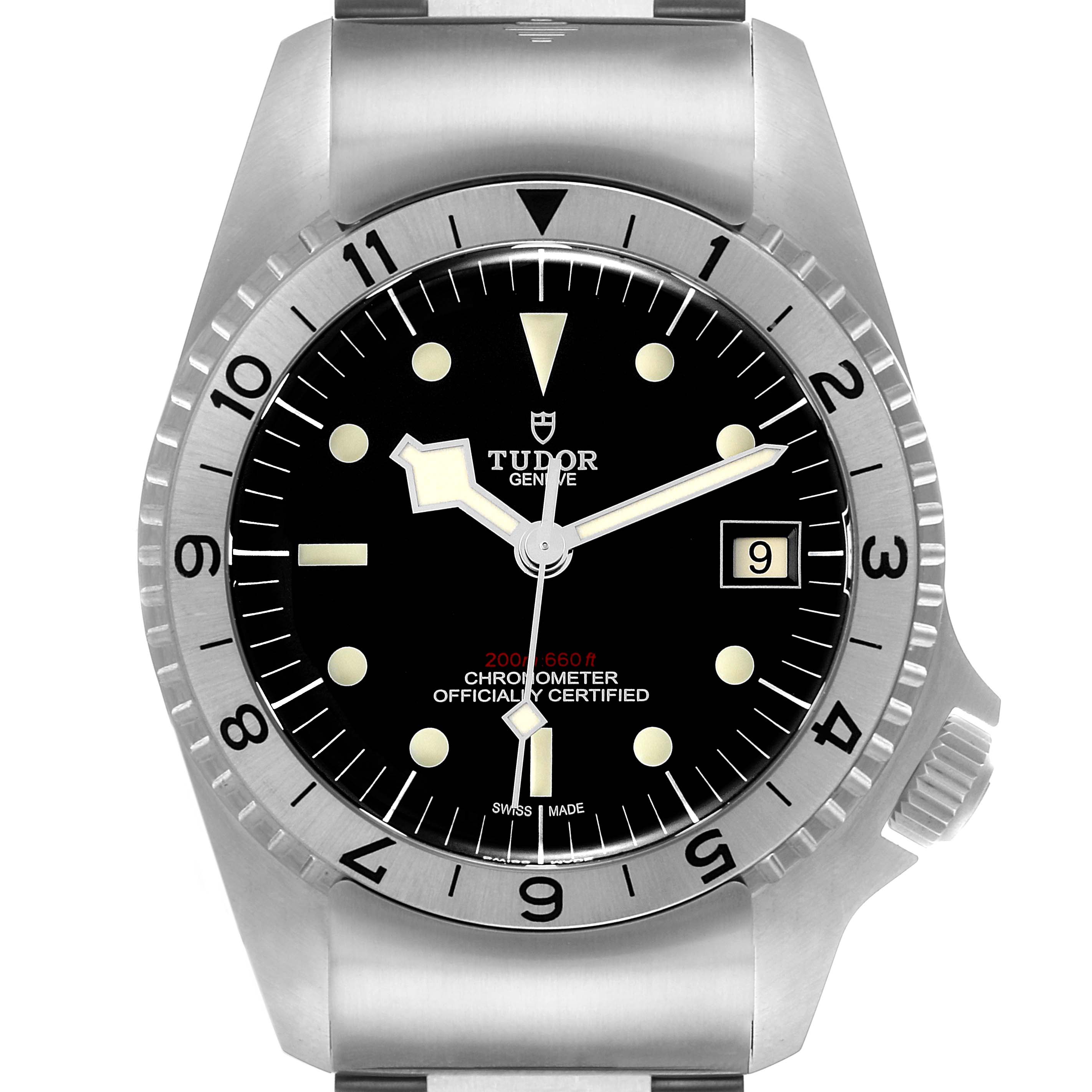 The image shows a front view of the Tudor Heritage Black Bay M70150-0001 Men
s Stainless Steel Black Dial M70150-0001 Men
s Stainless Steel Black Dial watch, highlighting the dial, bezel, and part of the bracelet.