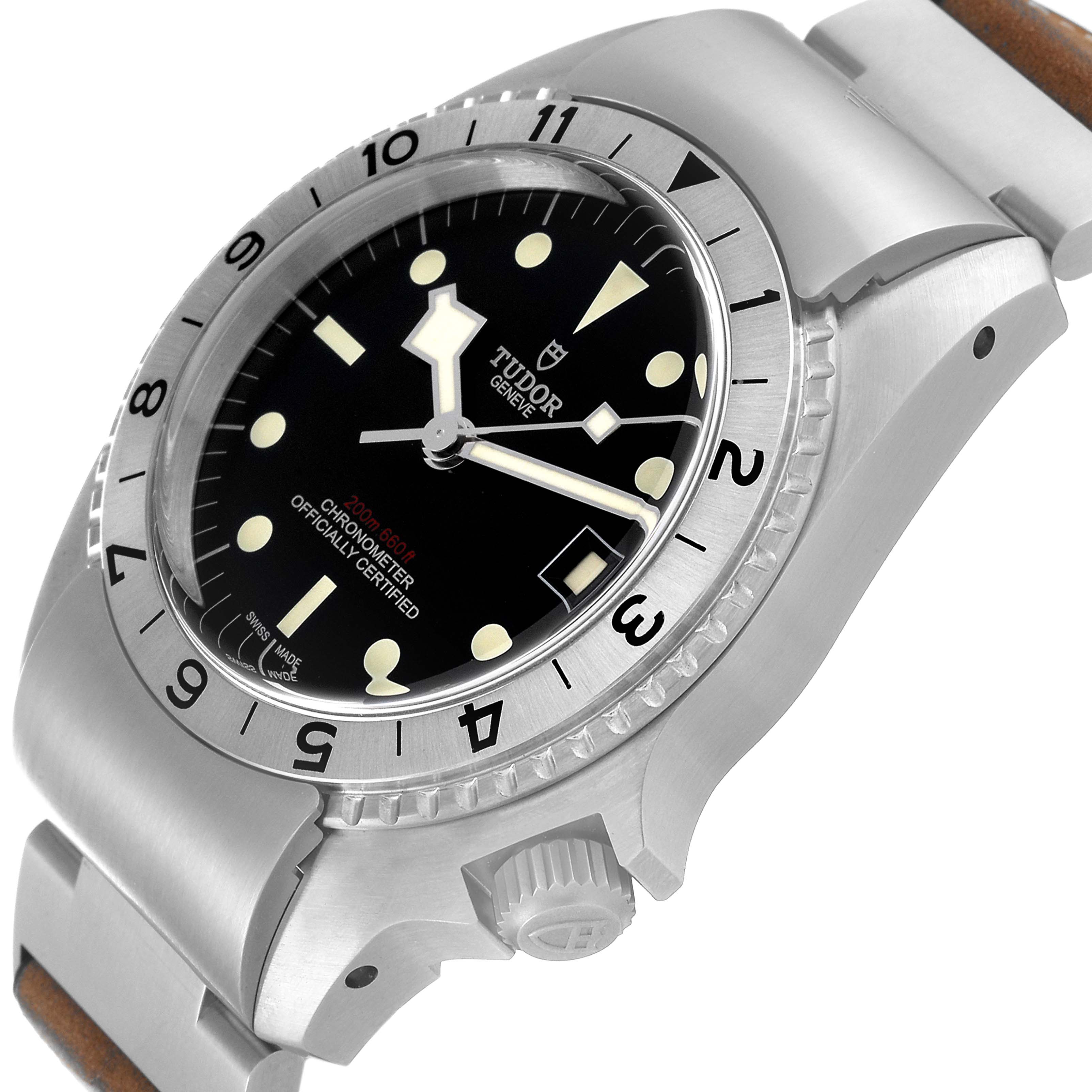 This image shows a close-up of the Tudor Heritage Black Bay M70150-0001 Men
s Stainless Steel Black Dial M70150-0001 Men
s Stainless Steel Black Dial watch, highlighting its bezel, dial, and crown.