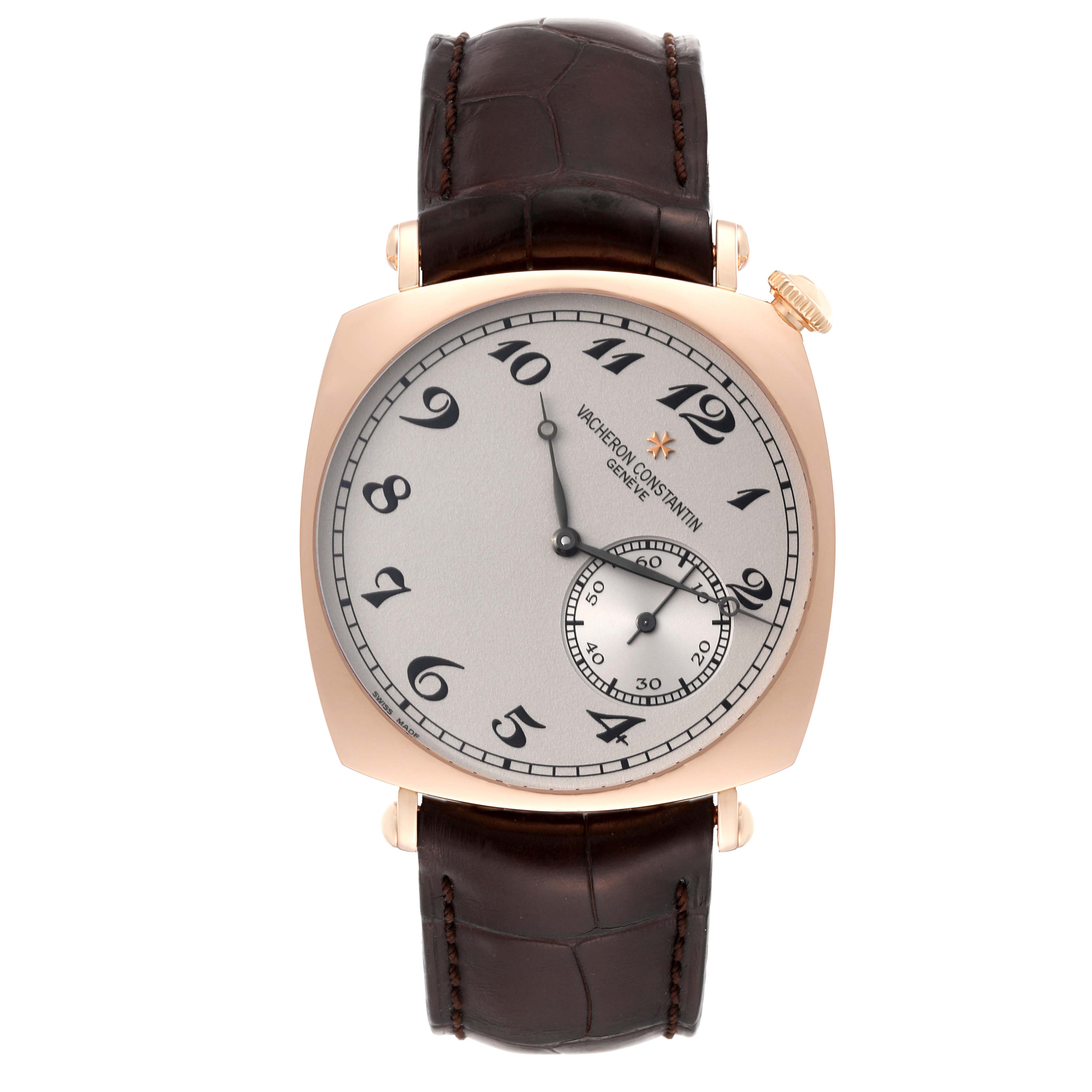 The Vacheron Constantin Historiques 82035/000R Men's Rose Gold Silver Dial 82035/000R Men's Rose Gold Silver Dial model watch is shown from a top view highlighting the dial, case, and leather strap.