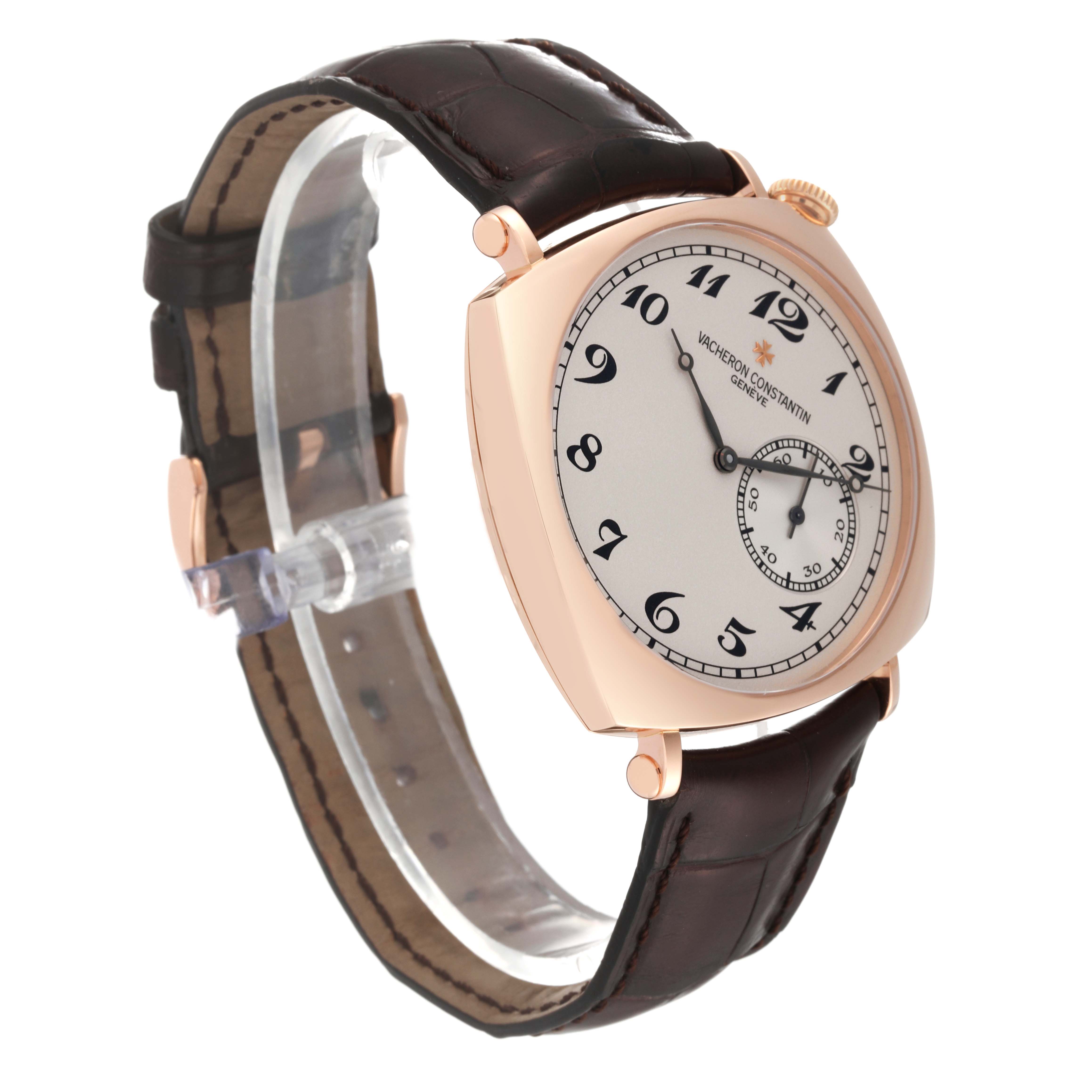 The Vacheron Constantin Historiques 82035/000R Men's Rose Gold Silver Dial 82035/000R Men's Rose Gold Silver Dial watch is shown from a front-side angle, highlighting its dial, case, and leather strap.