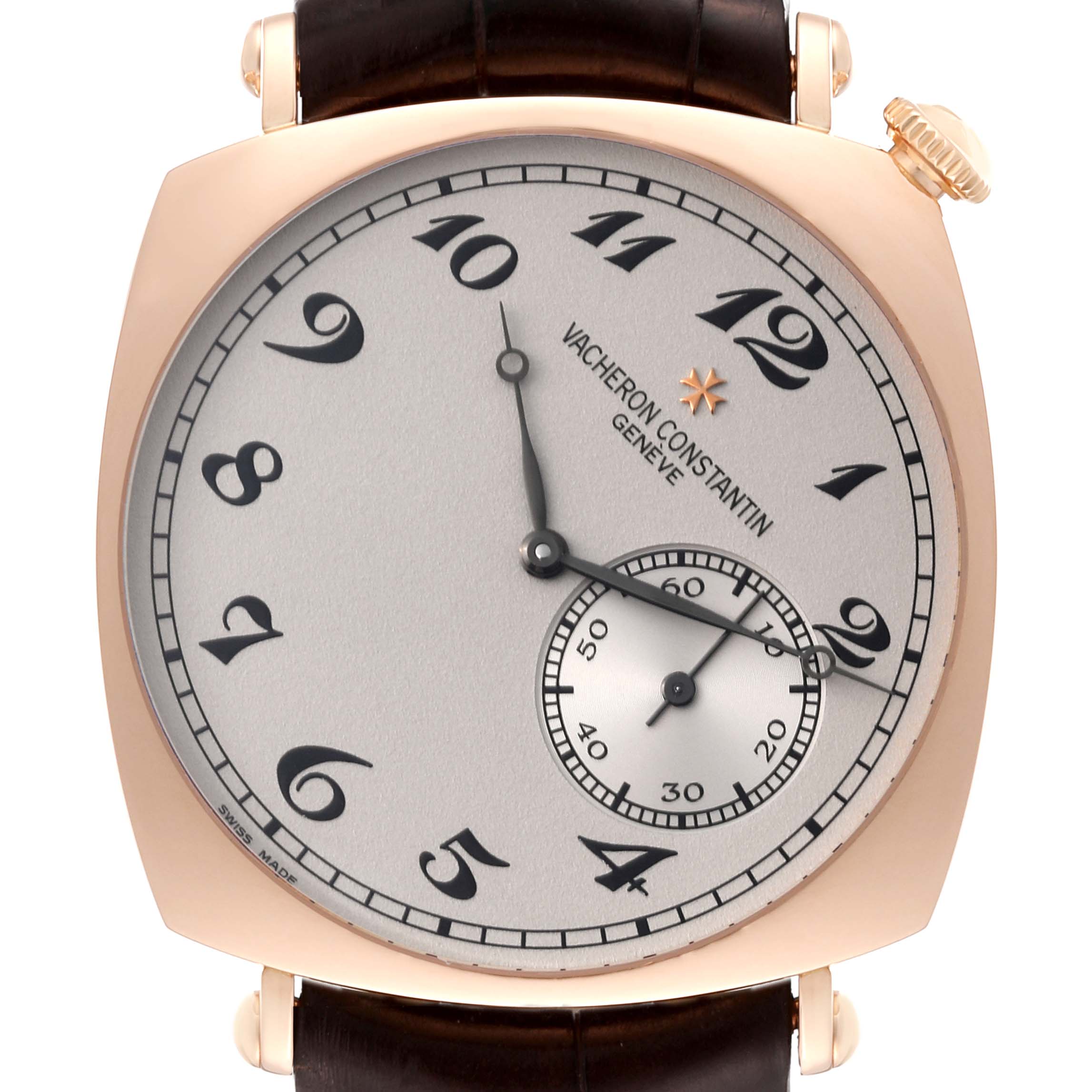 The image shows a frontal view of a Vacheron Constantin Historiques 82035/000R Men's Rose Gold Silver Dial 82035/000R Men's Rose Gold Silver Dial watch, highlighting its dial, numerals, and hands.