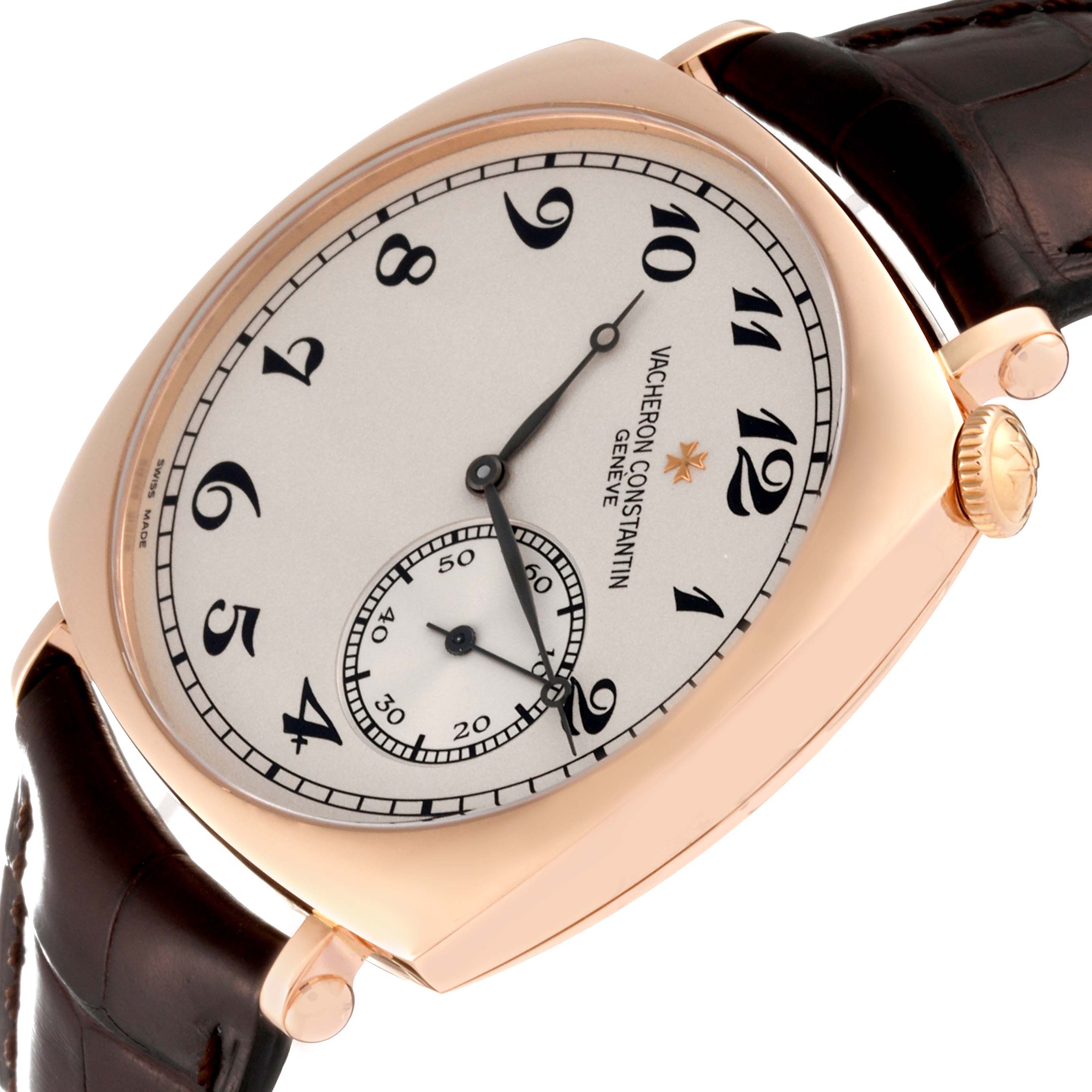 This Vacheron Constantin Historiques 82035/000R Men's Rose Gold Silver Dial 82035/000R Men's Rose Gold Silver Dial model watch is shown at an angled view, displaying the dial, hands, case, crown, and part of the strap.