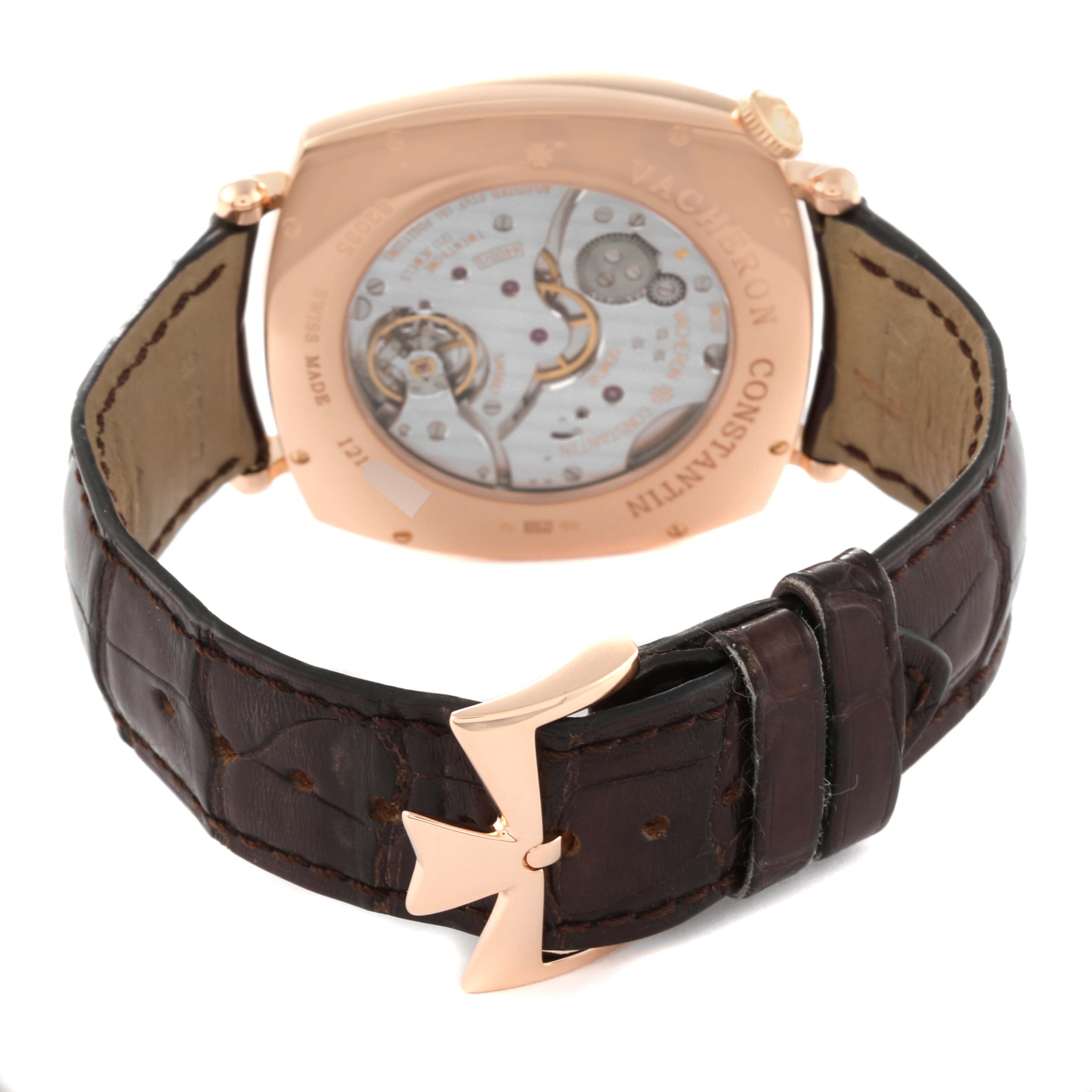 The image shows the back view of a Vacheron Constantin Historiques 82035/000R Men's Rose Gold Silver Dial 82035/000R Men's Rose Gold Silver Dial watch, highlighting the movement and leather strap with a distinct clasp.